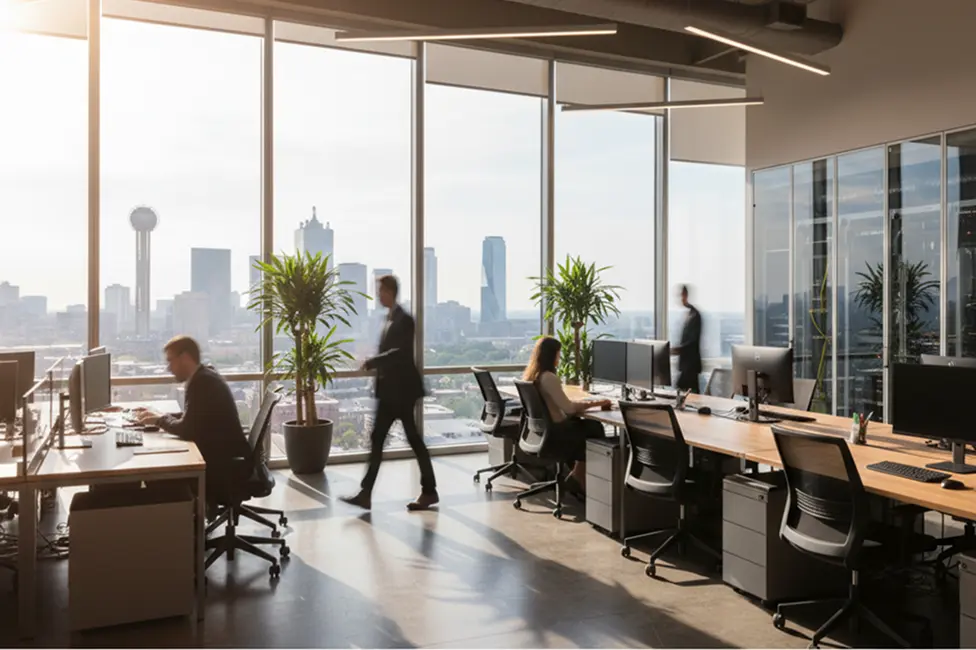 Abstract office with people, computers, and cabling.
