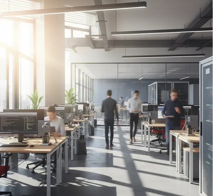 Abstract office with people, computers, and cabling.