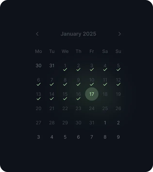 Dark-themed calendar for January 2025 showing checkmarks on most dates up to the 17th, which is highlighted with a green circle.