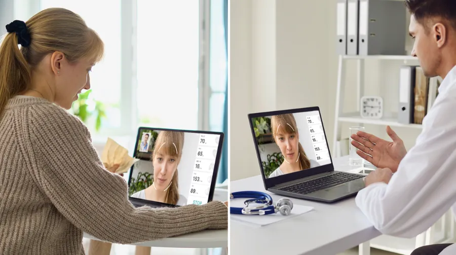 Split image showing a woman having a virtual consultation with a doctor via laptop video call.