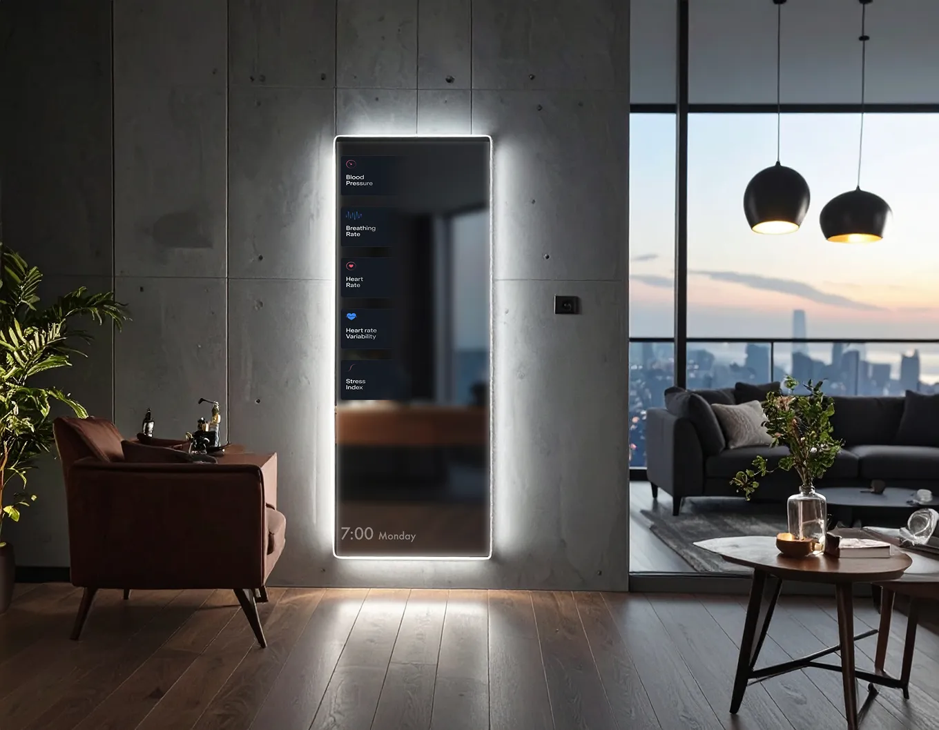 Modern living room with a glowing smart mirror on a concrete wall showing health metrics like blood pressure and heart rate at 7:00 Monday.
