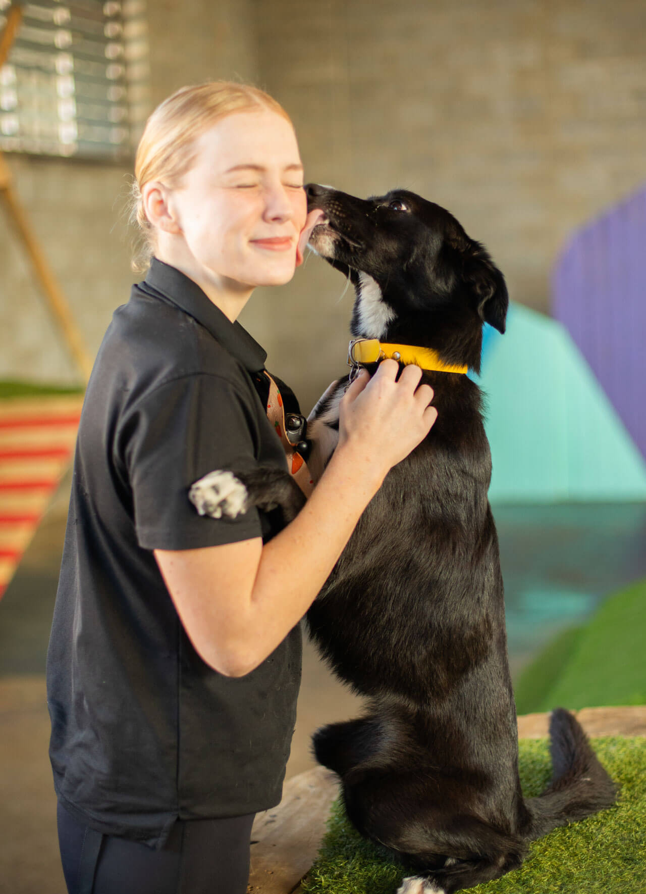 Young woman playing with a black dog in a dog daycare.
