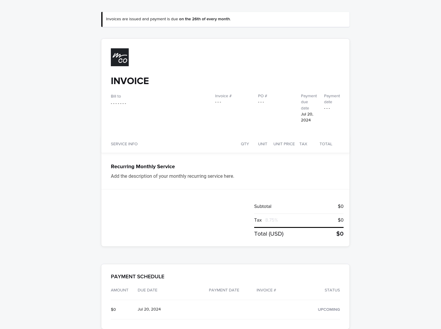 Monthly Invoice