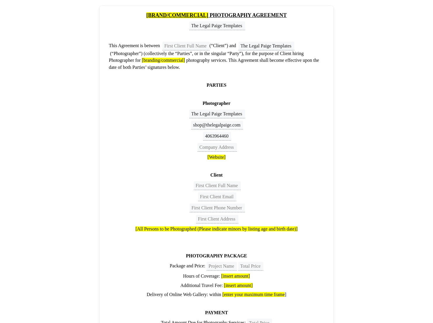 Brand & Commercial Photography Contract Template