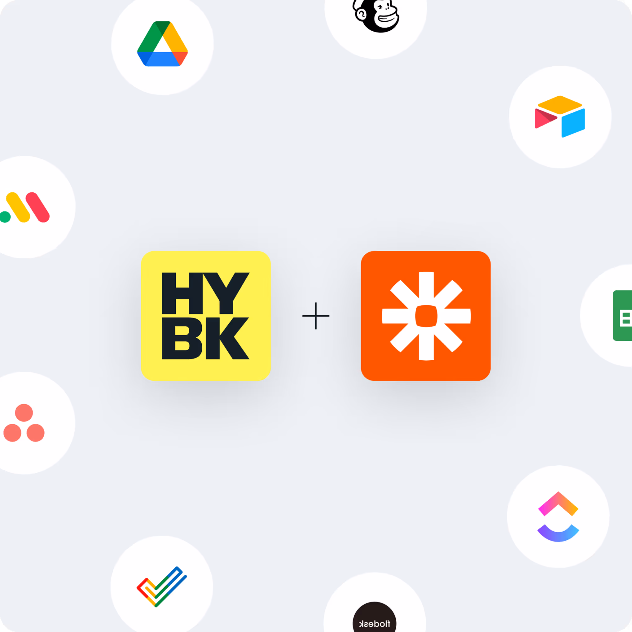 Graphic showing the HoneyBook (HYBK) logo connected to the Zapier logo with a plus sign. 