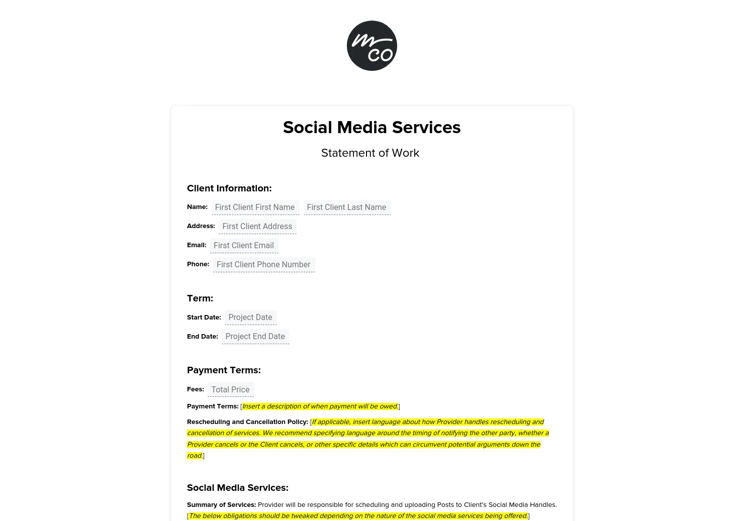 Social Media Management Contract