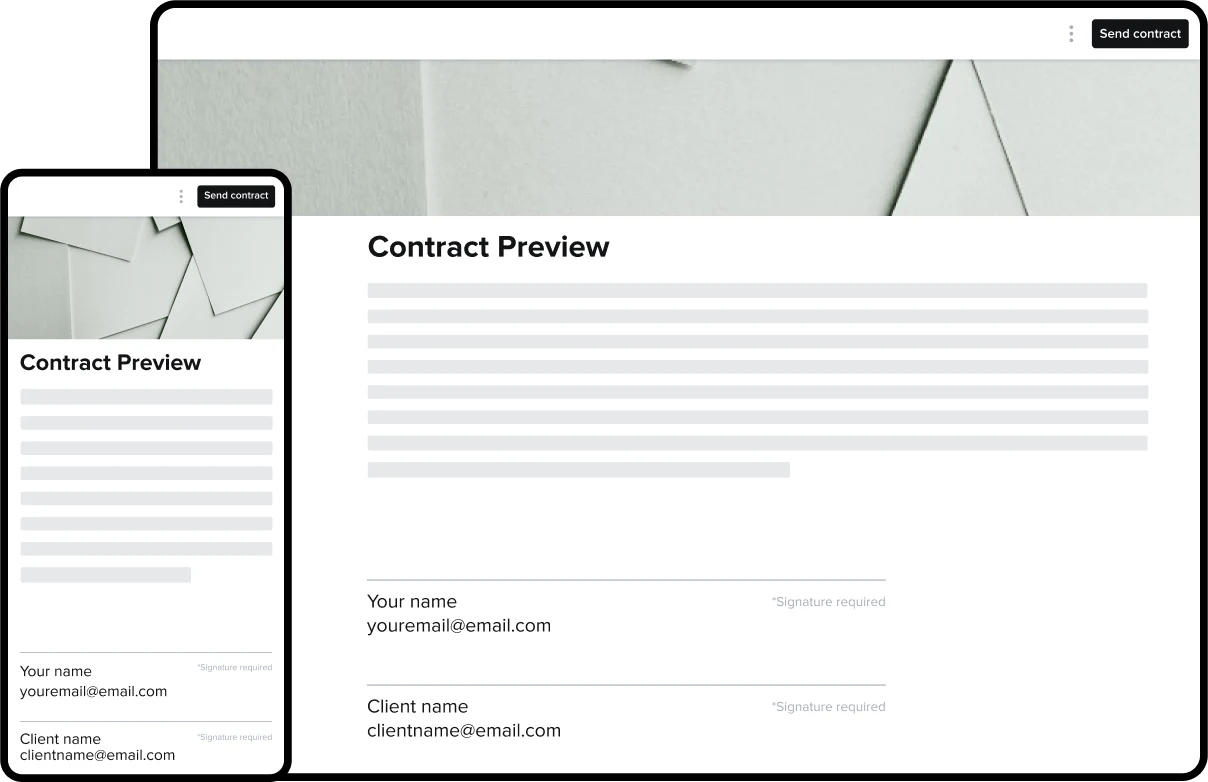 Digital contract preview on desktop and mobile screens showing placeholder text, email fields, and 'Send contract' buttons.