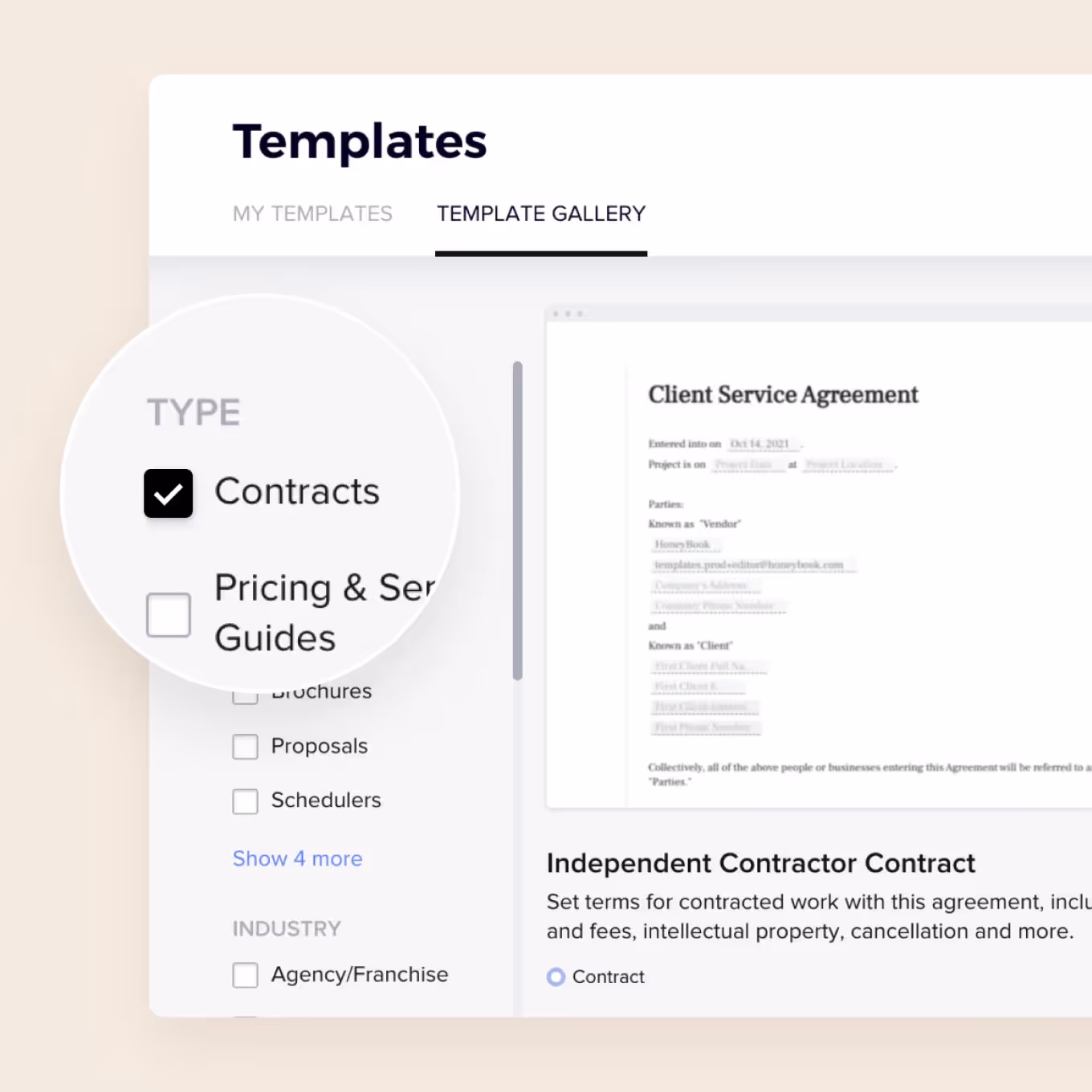 Template gallery interface showing filter options with Contracts checked and a preview of an Independent Contractor Contract template.