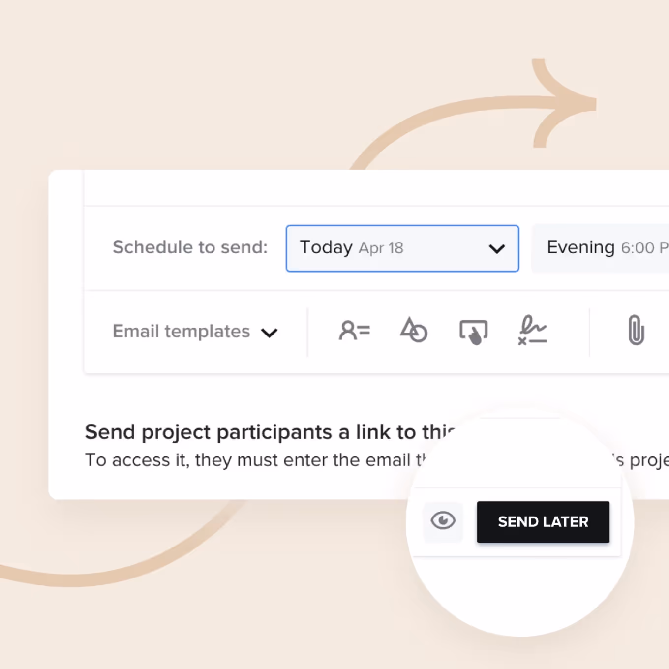 Email scheduling interface showing options to set send date and time, select email templates, and a highlighted send later button.