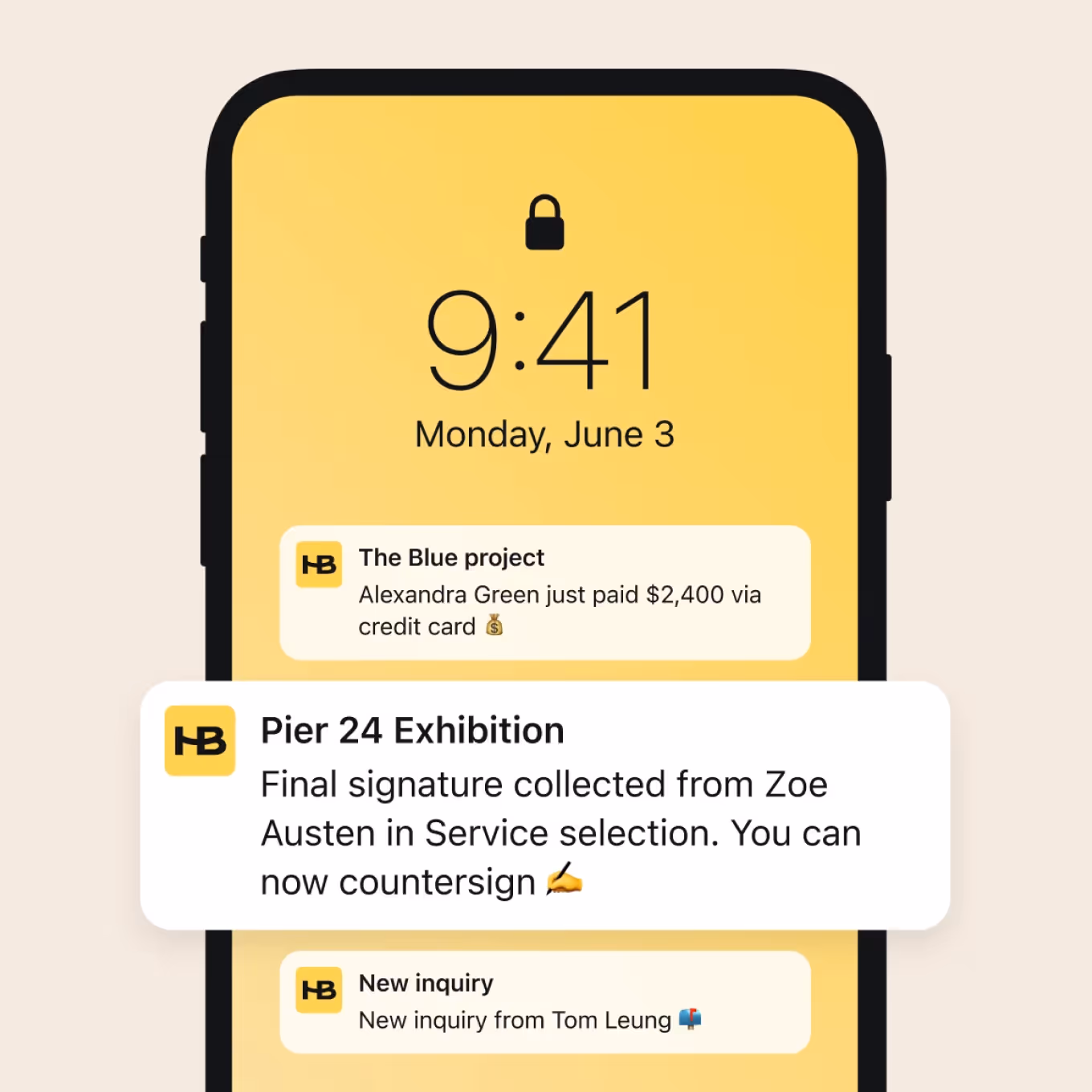 Smartphone lock screen showing notifications: payment of $2,400 by Alexandra Green, final signature collected from Zoe Austen for Pier 24 Exhibition with prompt to countersign, and new inquiry from Tom Leung.