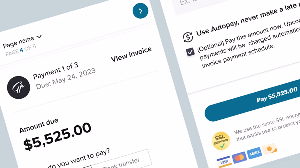 Digital invoice showing payment 1 of 3 due May 24, 2023, with amount due $5,525.00 and options for autopay and payment methods.