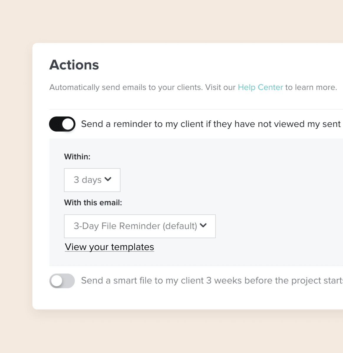 Settings panel titled Actions with toggles to send automated email reminders and smart files to clients, including options for reminder timing and email templates.