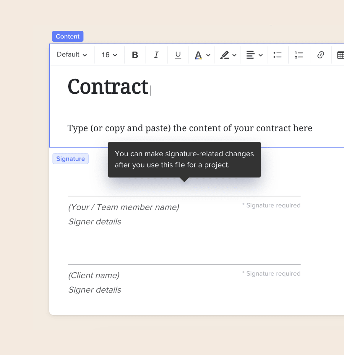 Digital contract editor with a header labeled 'Contract' and text instructing to type or paste contract content, plus signature fields for team member and client with required signature notes.