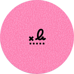Black abstract symbol with a curly loop and dotted line on a textured pink circular background.