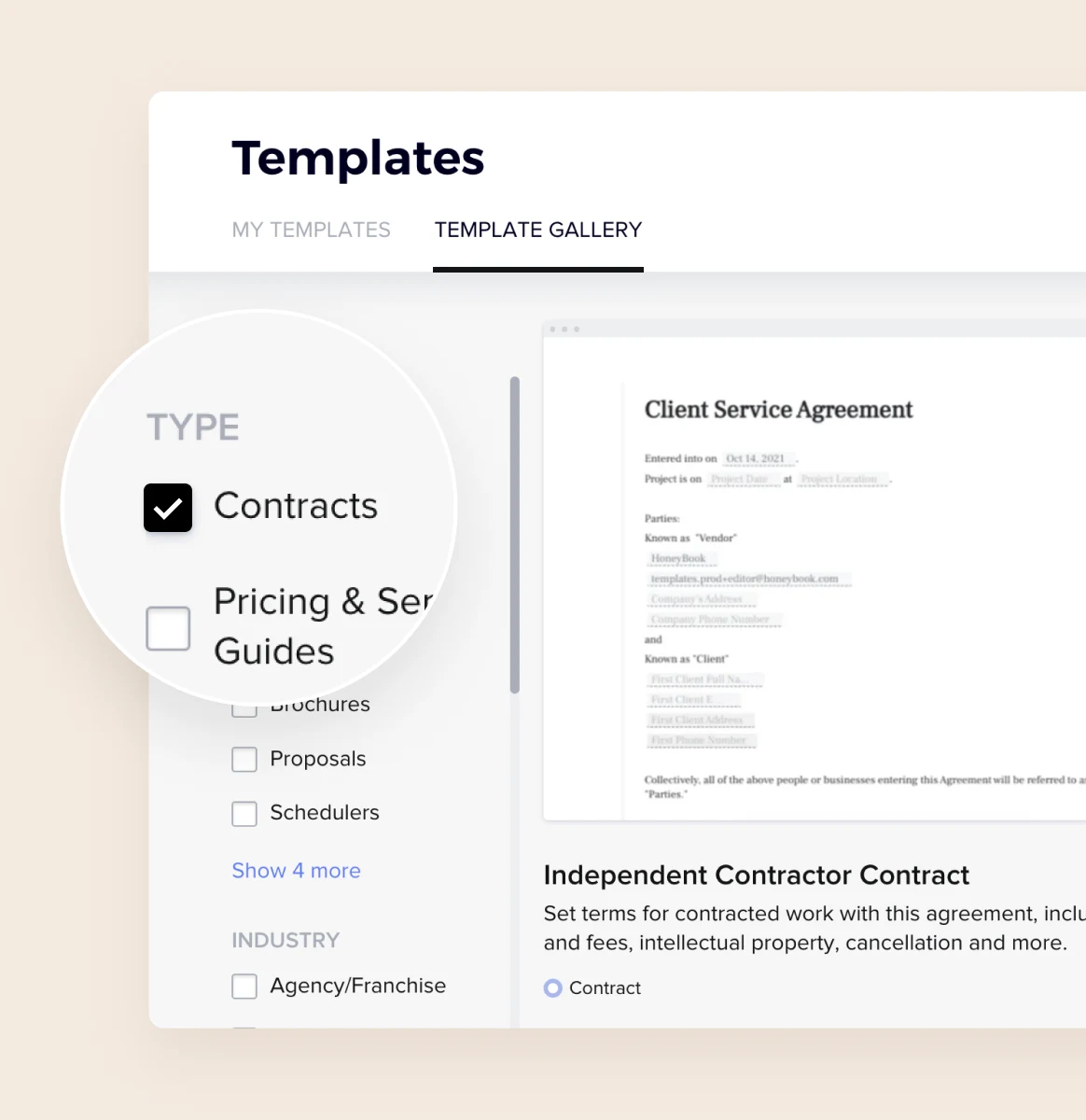 Template gallery interface showing contract type selected with a preview of an Independent Contractor Contract template.