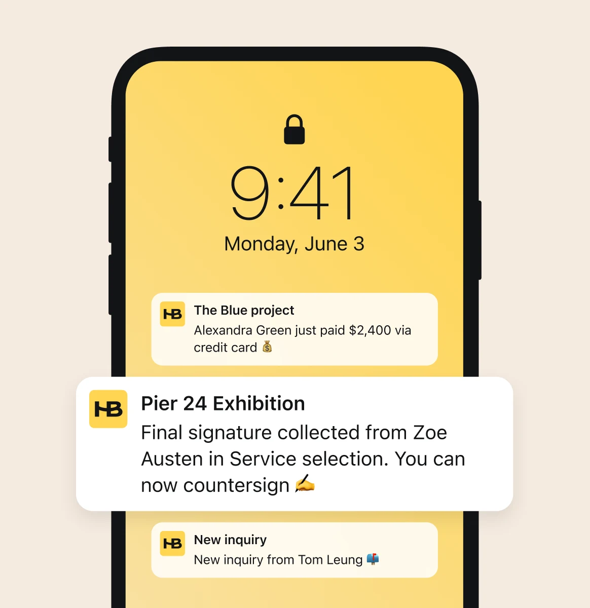 Smartphone lock screen showing three notifications about payments and inquiries related to The Blue Project and Pier 24 Exhibition.