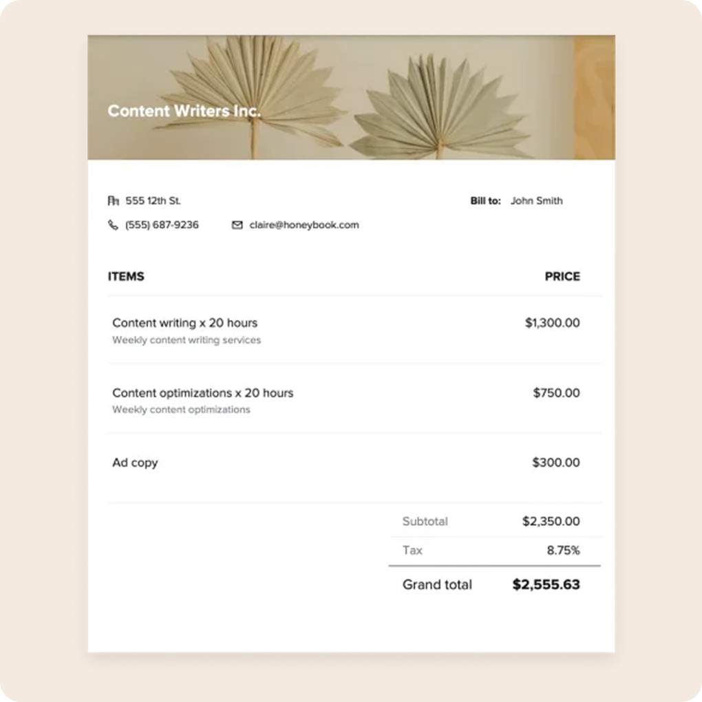 Invoice from Content Writers Inc. to John Smith listing content writing and optimization services totaling $2,555.63 including tax.