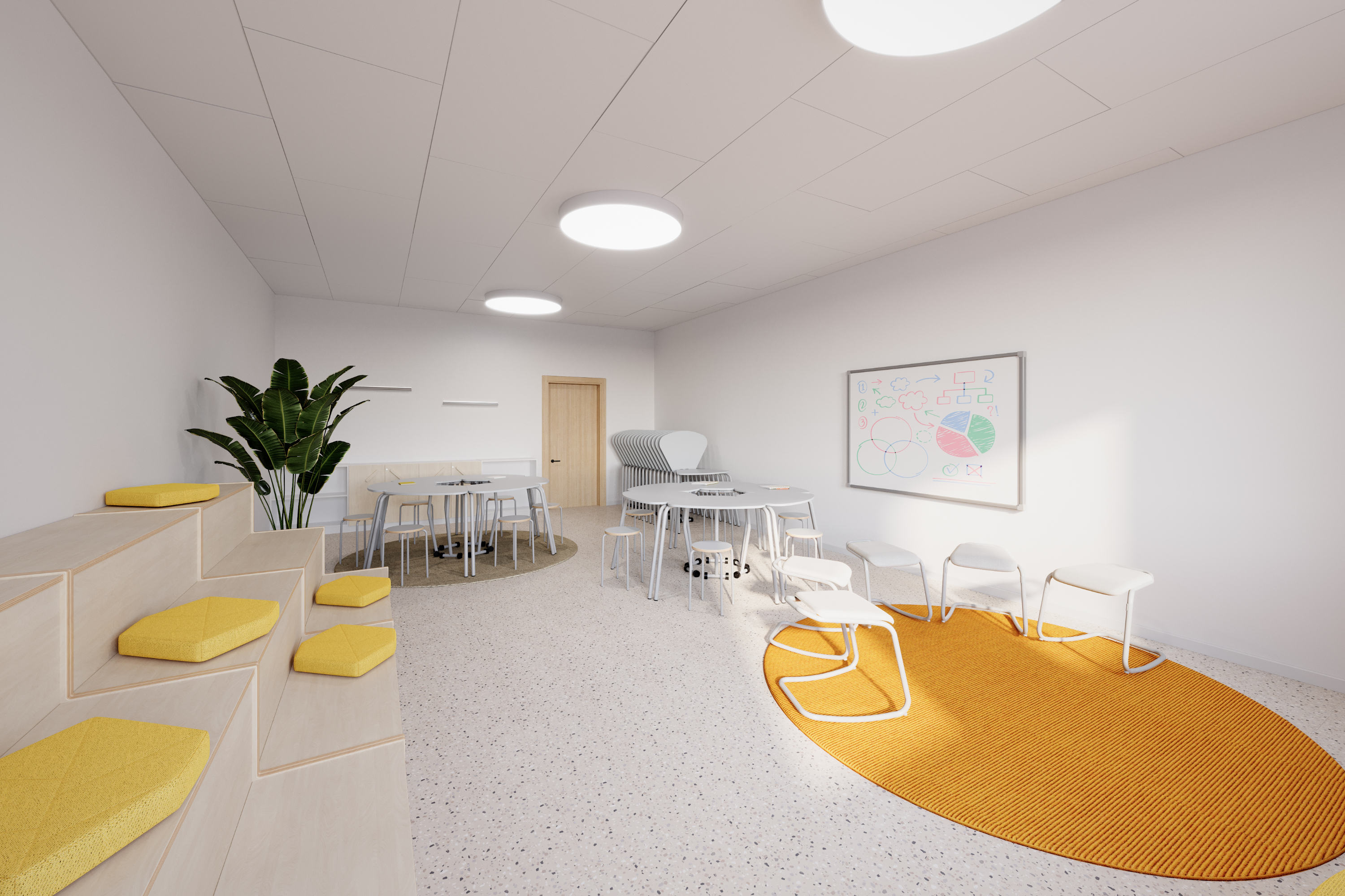 Ein Differenzierungsraum einer Schule für Workshops oder Präsentationen mit großem, dreistufigen Sitzpodest. Gegenüber ist eine Sitzgruppe mit Teppich und im hinteren Bereich des Raumes befindet sich Stauraum sowie eine Tischgruppe. 