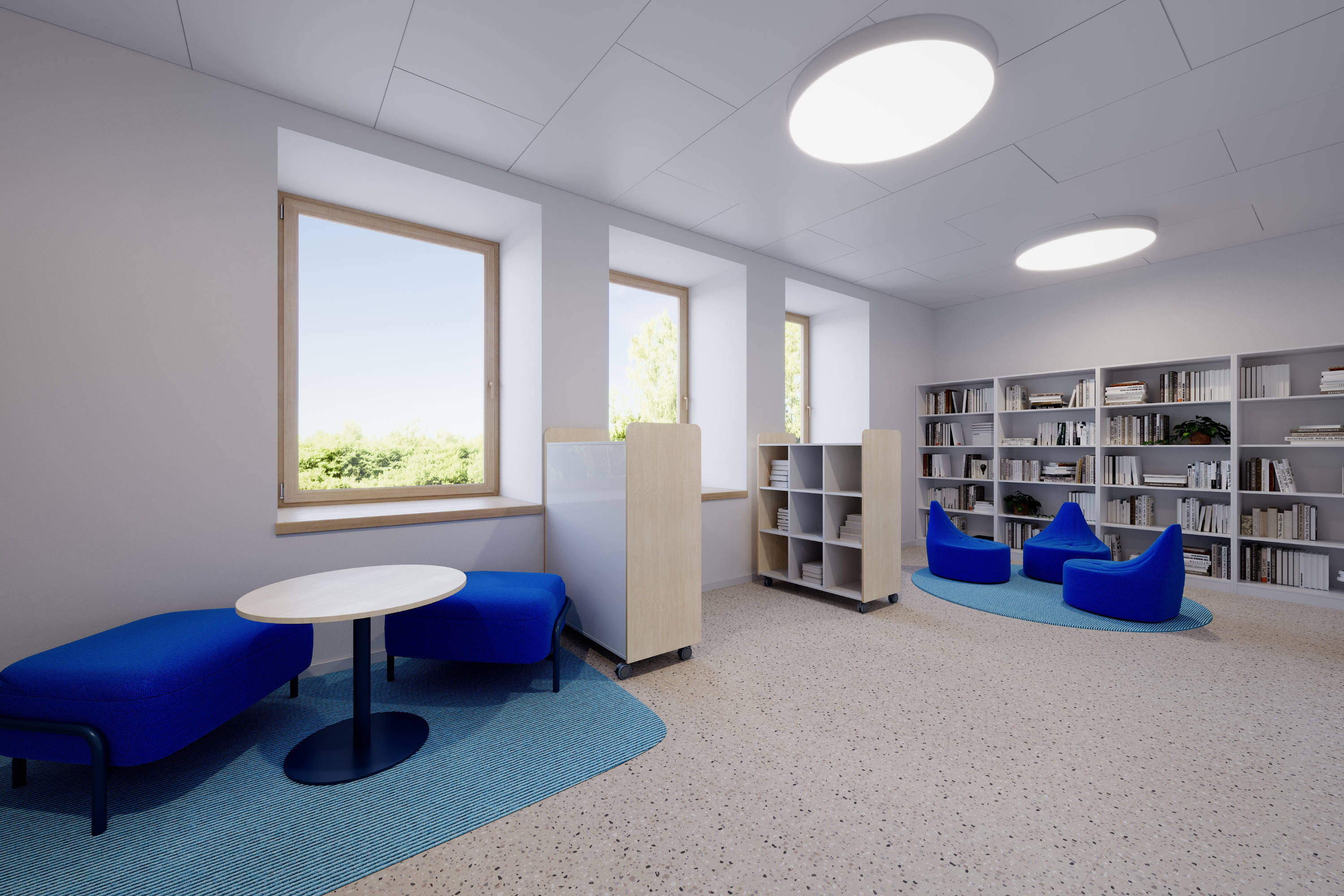 Im vorderen Bereich befindet sich ein gemütlicher Sitzbereich mit Loungemöbel, einem Teppich und einem Tisch. Entlang der Wand teilen zwei gegenüberstehende, halbhohe Regale den Raum in Zonen und Rückzugsbereiche. Sitzsäcke laden zum Chillen ein, während eine offene Regalwand viel Platz für Bücher bietet und Lust auf Stöbern macht. 