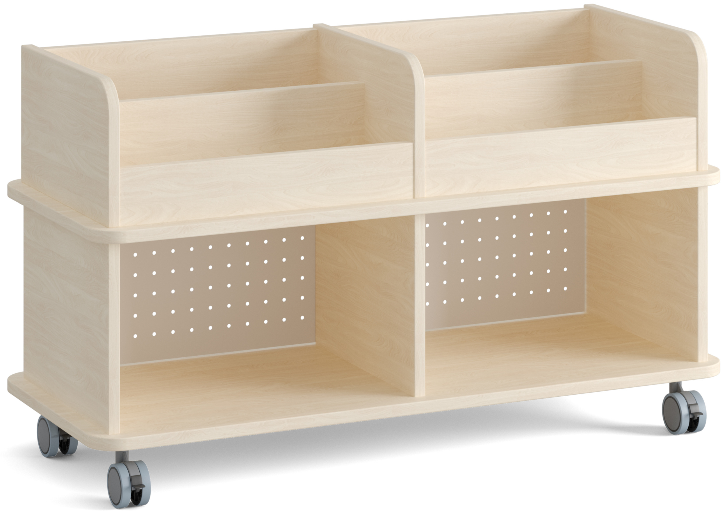 Niedriges Bücherregal auf Rollen mit Rückwand aus weißem Lochblech