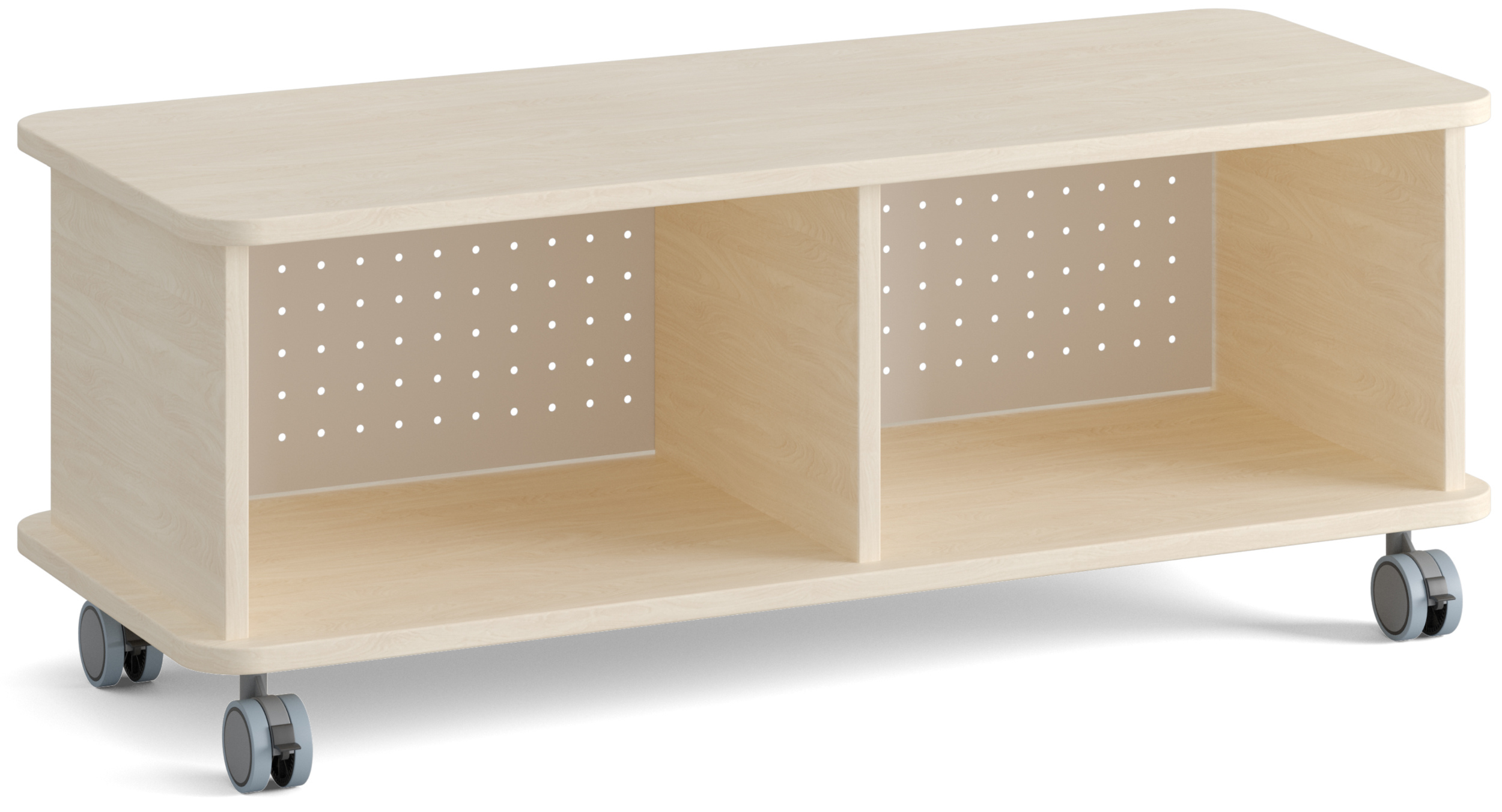 Niedriges Holzregal auf Rollen mit zwei offenen Fächern und einer Rückwand aus weißem Lochblech
