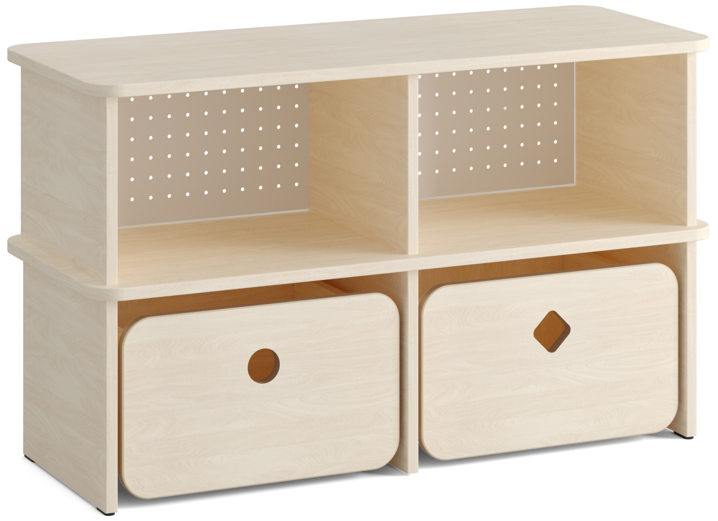 Niedriges Holzregal mit vier Fächern und zwei herausfahrbaren Spielzeugboxen (Front Birke)