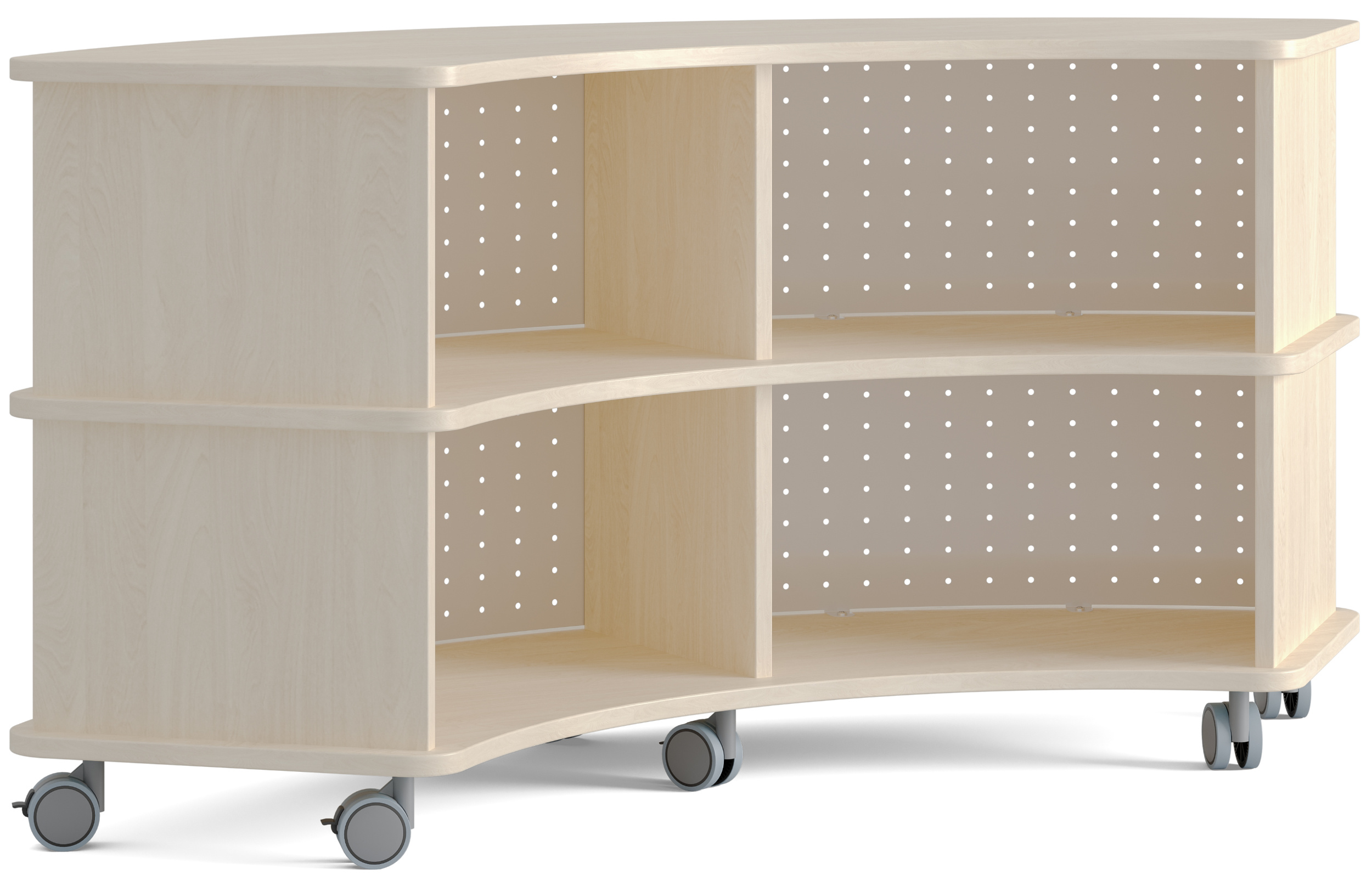 Halbhohes Bogenregal aus Holz auf Rollen mit vier Fächern und weißem Lochblech außen