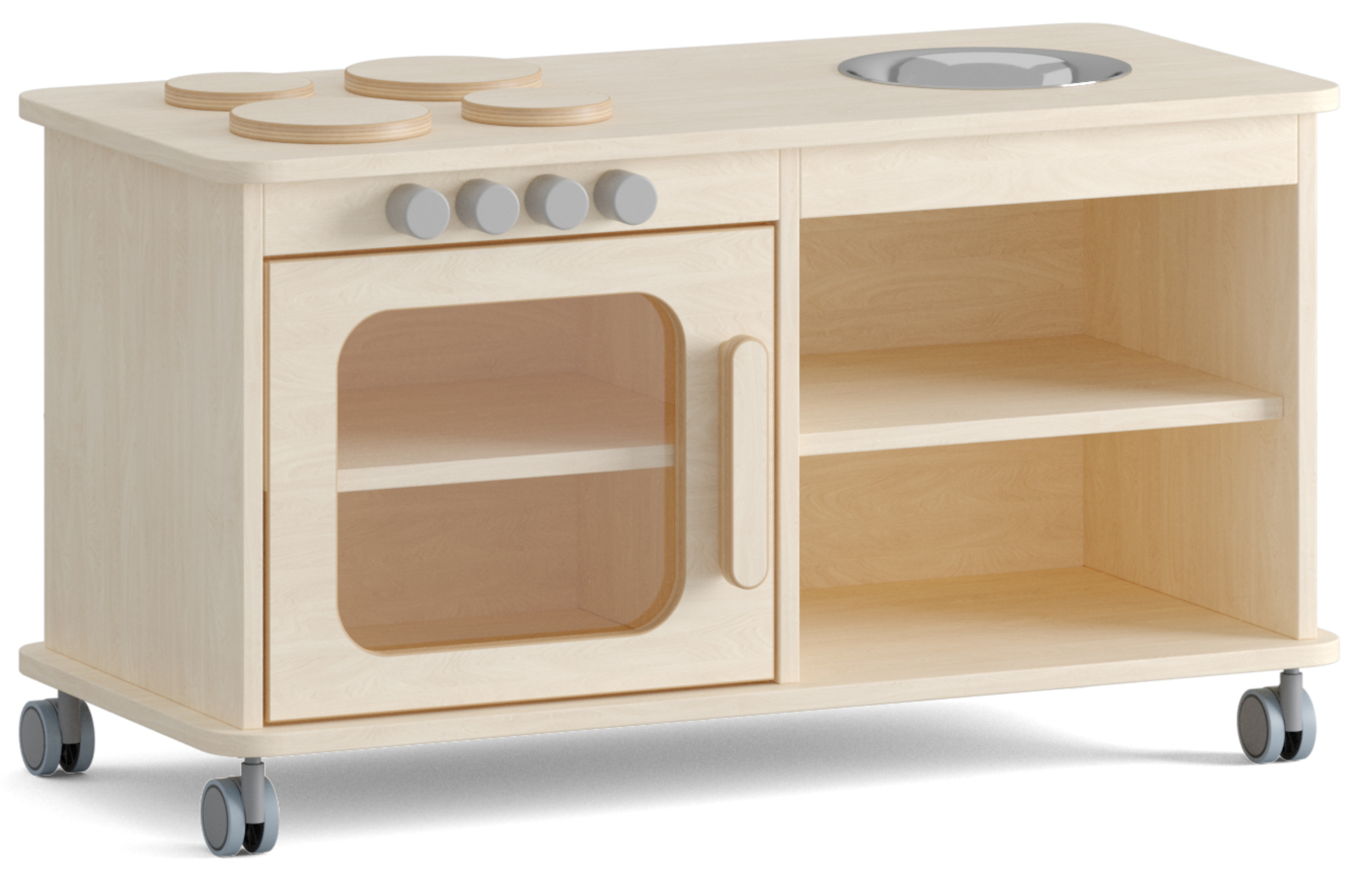 Niedrige Spielküche für Kinder aus Holz auf Rollen