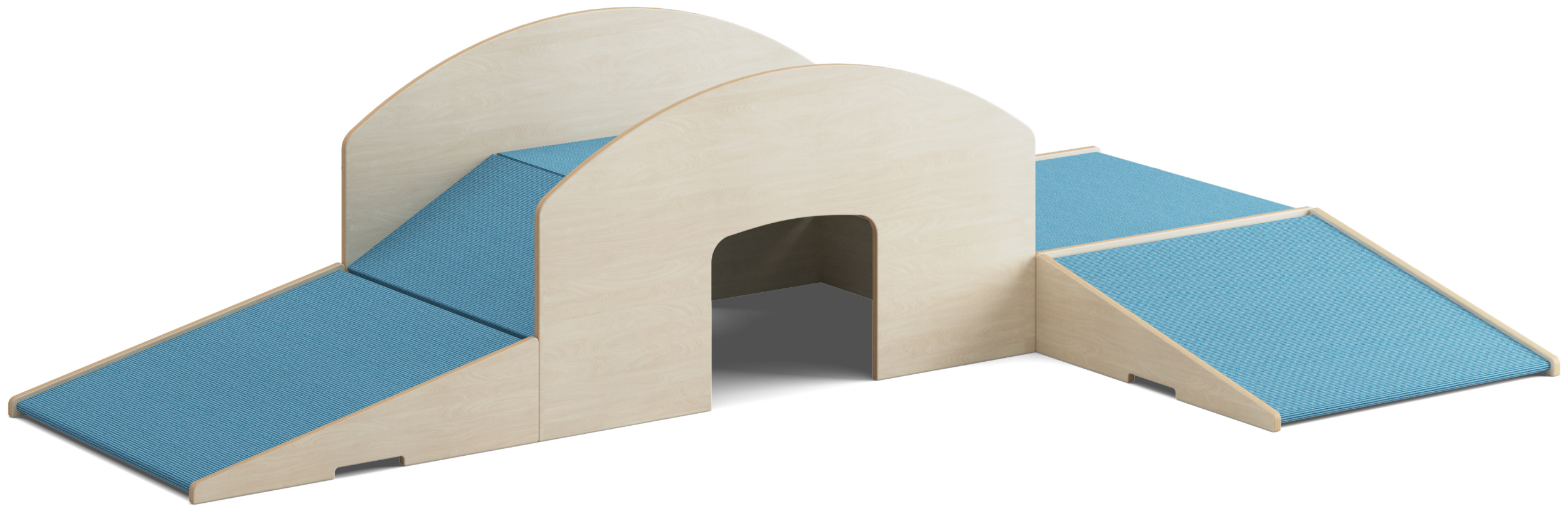 Niedriger Krabbelparcours aus hellem Holz für Kleinkinder mit blauem Teppichbezug oben