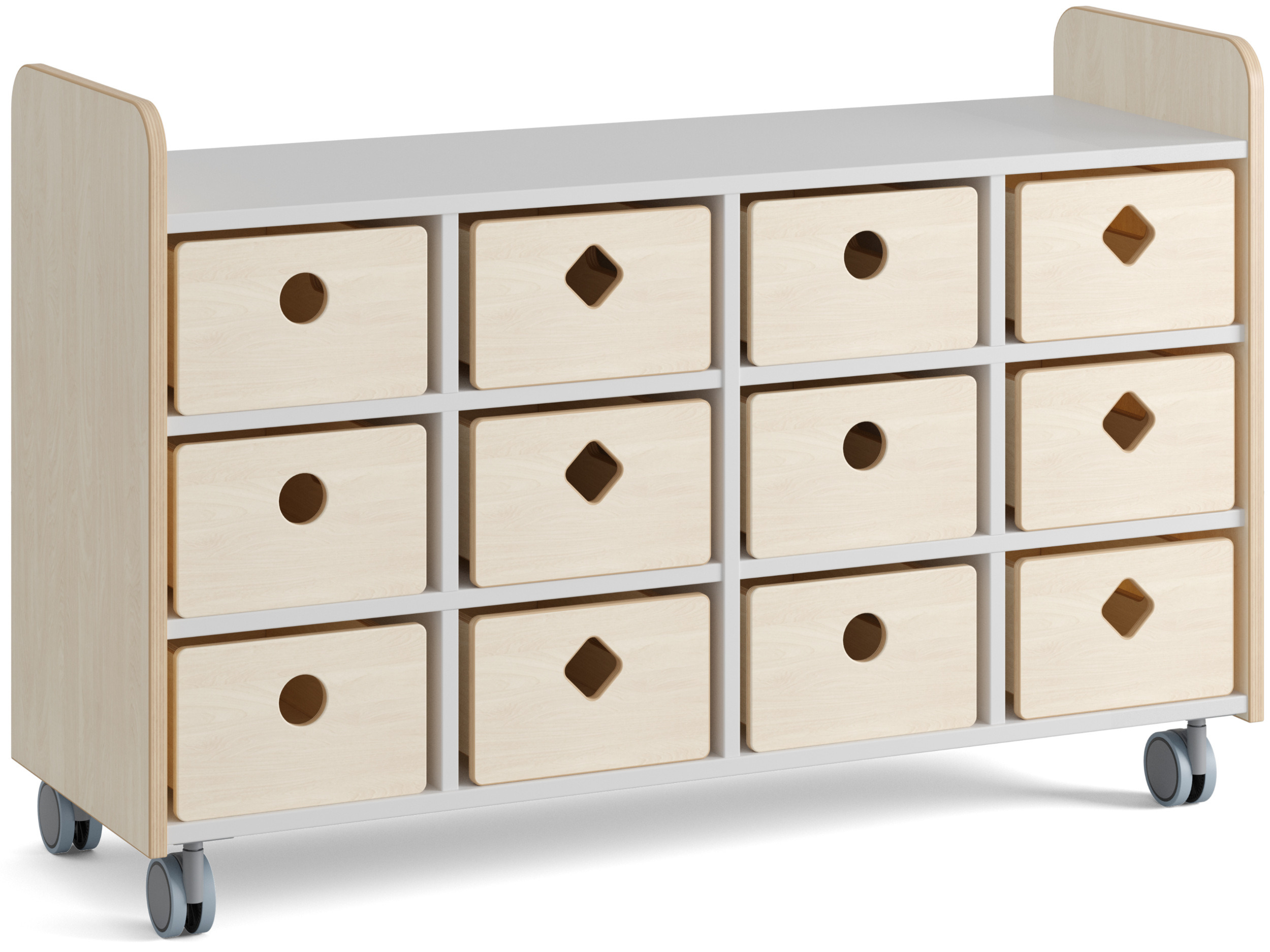 Niedriges Holzregal (Birke) auf Rollen mit 12 Holzboxen und weißer Inneneinteilung