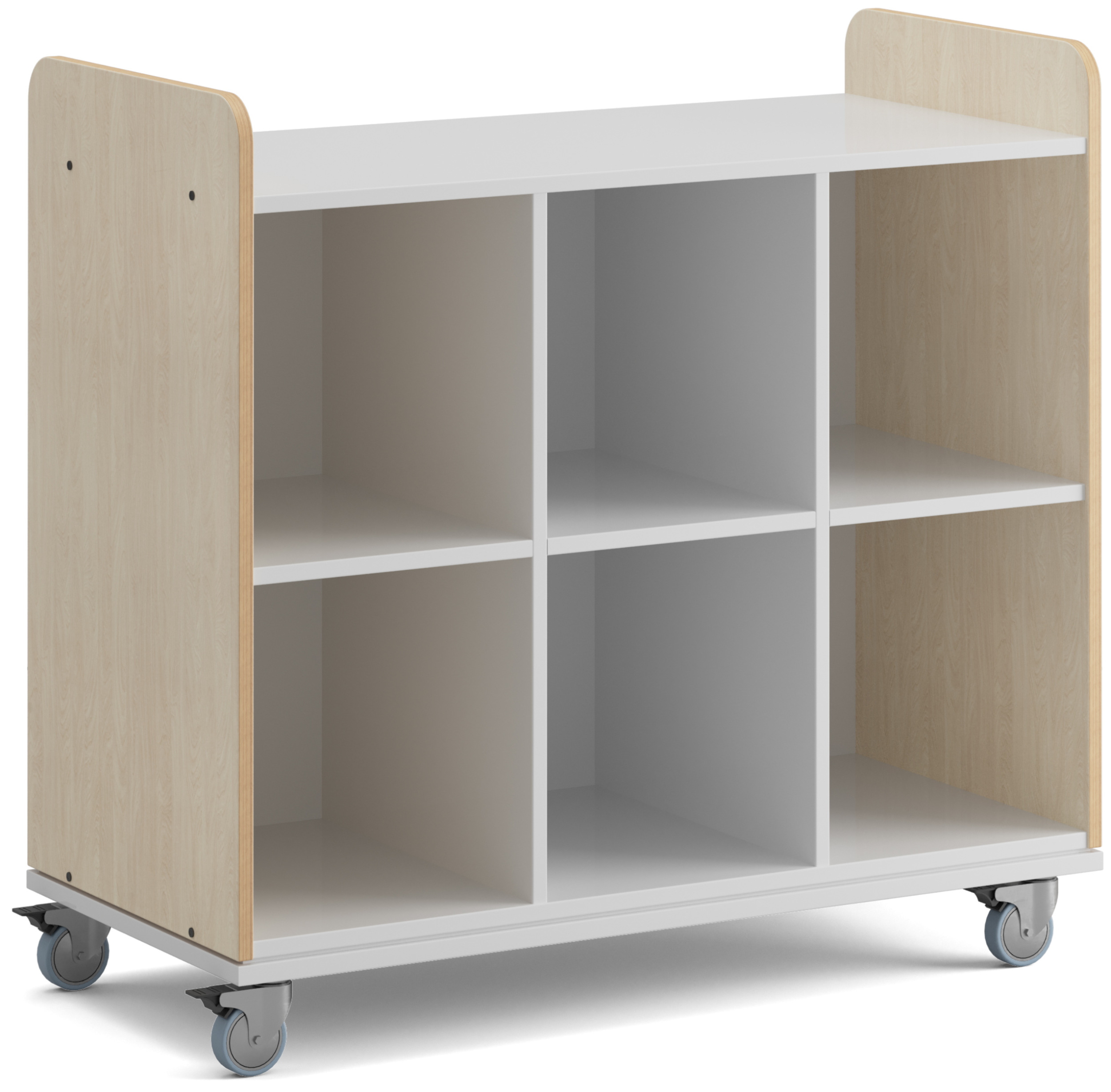 Niedriges Holzregal (Birke) auf Rollen mit sechs Fächern und weißer Inneneinteilung