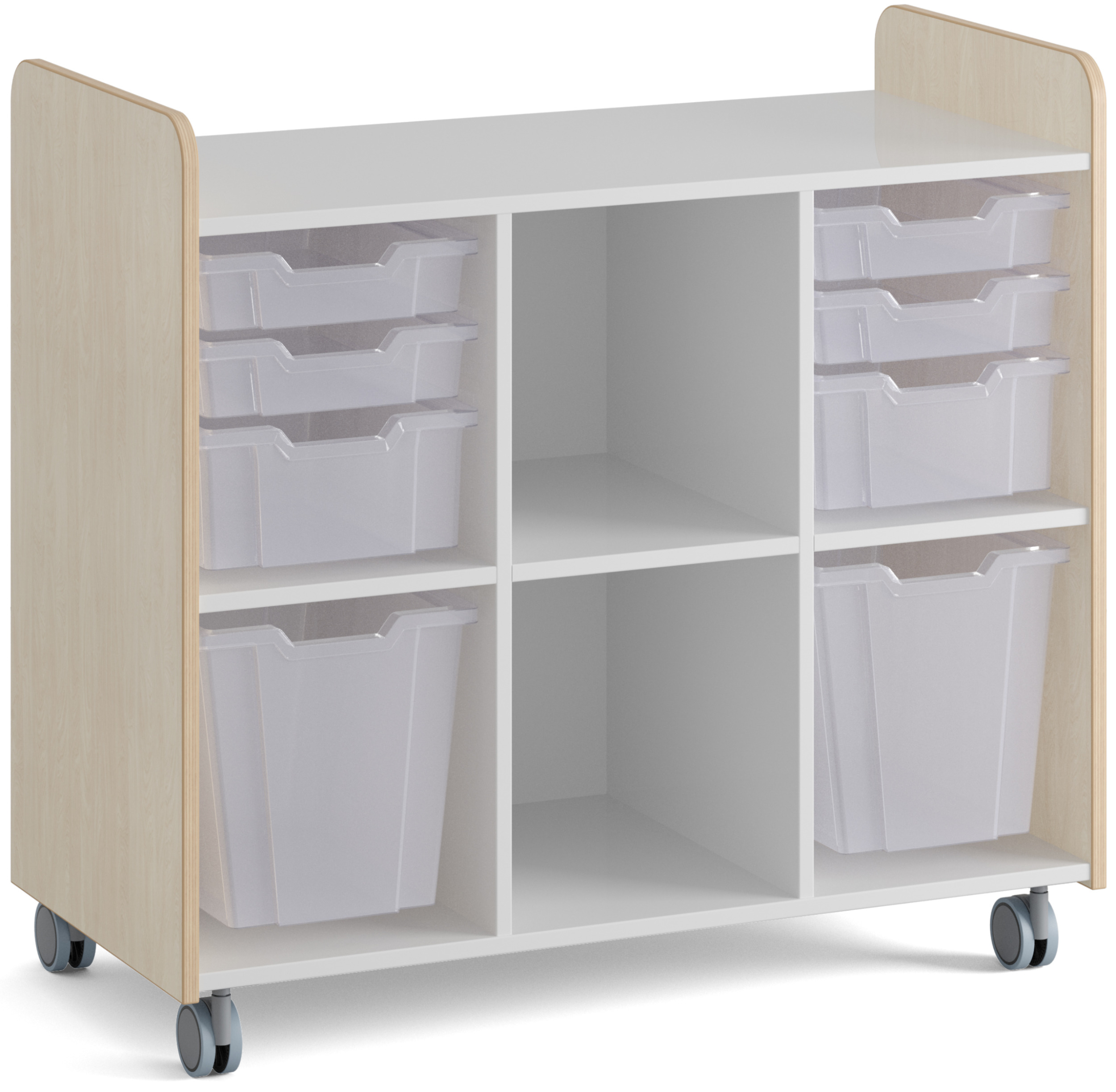 Niedriges Regal auf Rollen mit sechs offenen Fächern und acht Materialboxen, Facheinteilung weiß
