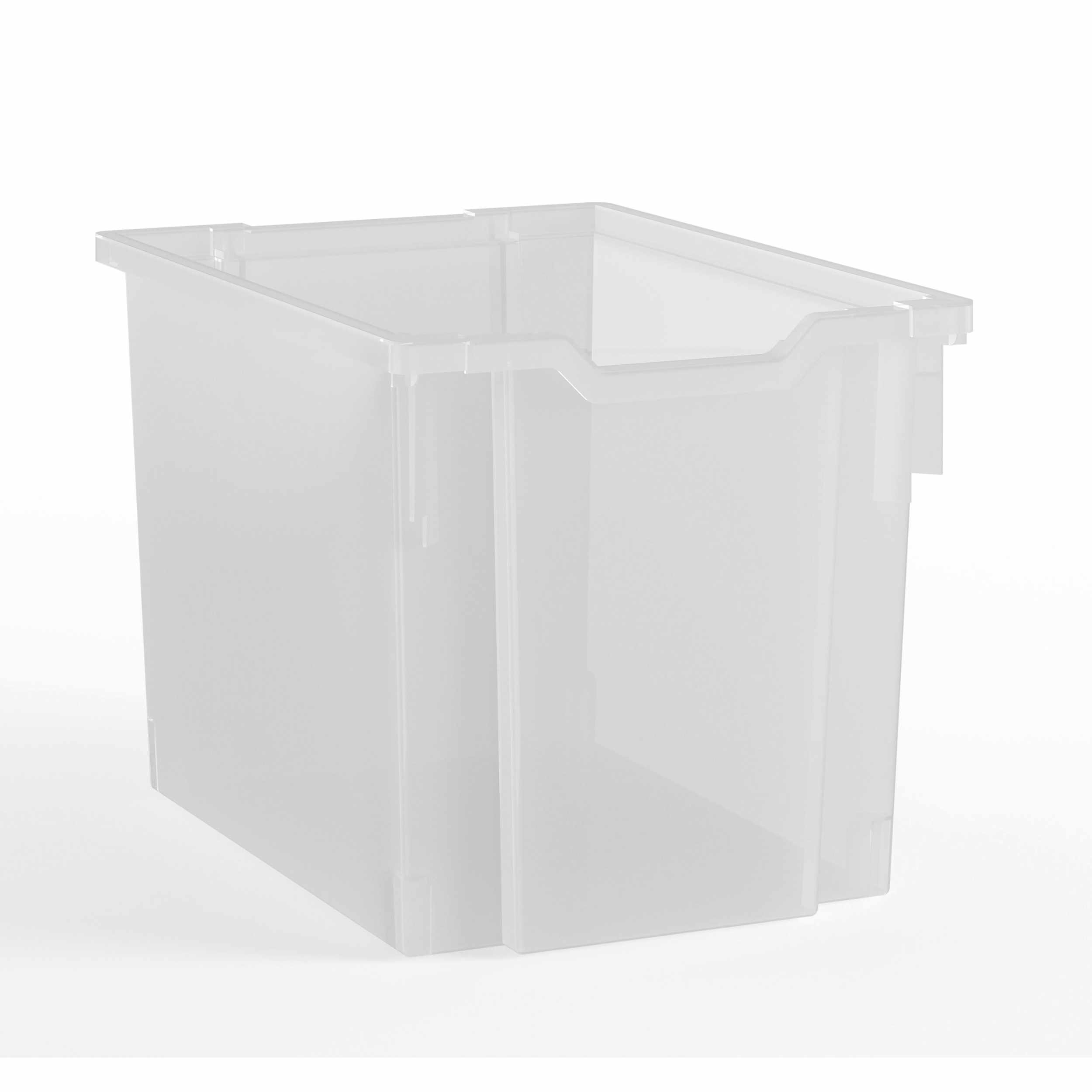 Milchig transparente, oben offene, rechteckige Box aus Kunststoff