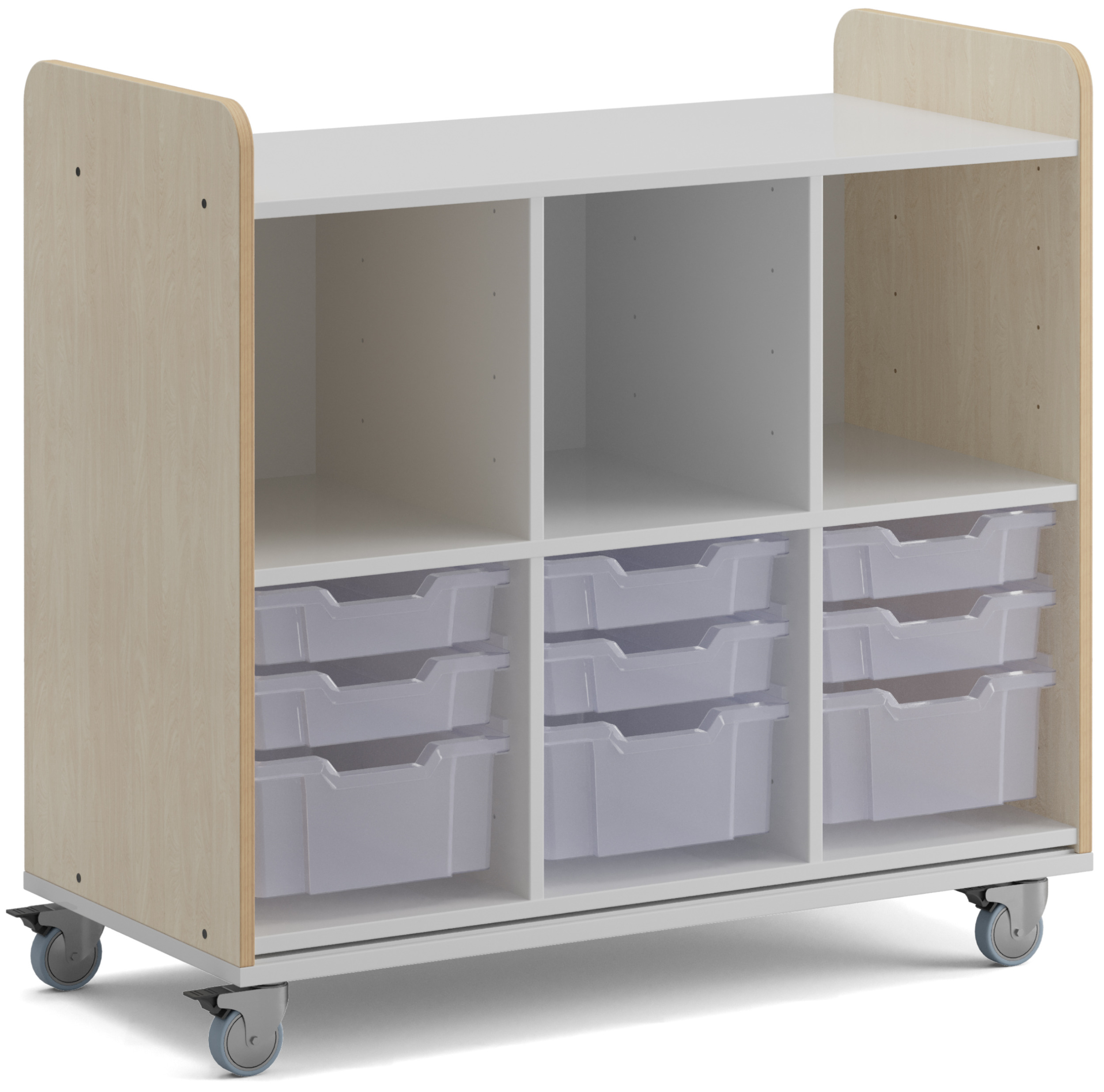 Niedriges Regal auf Rollen mit sechs offenen Fächern und neun Materialboxen, Facheinteilung weiß