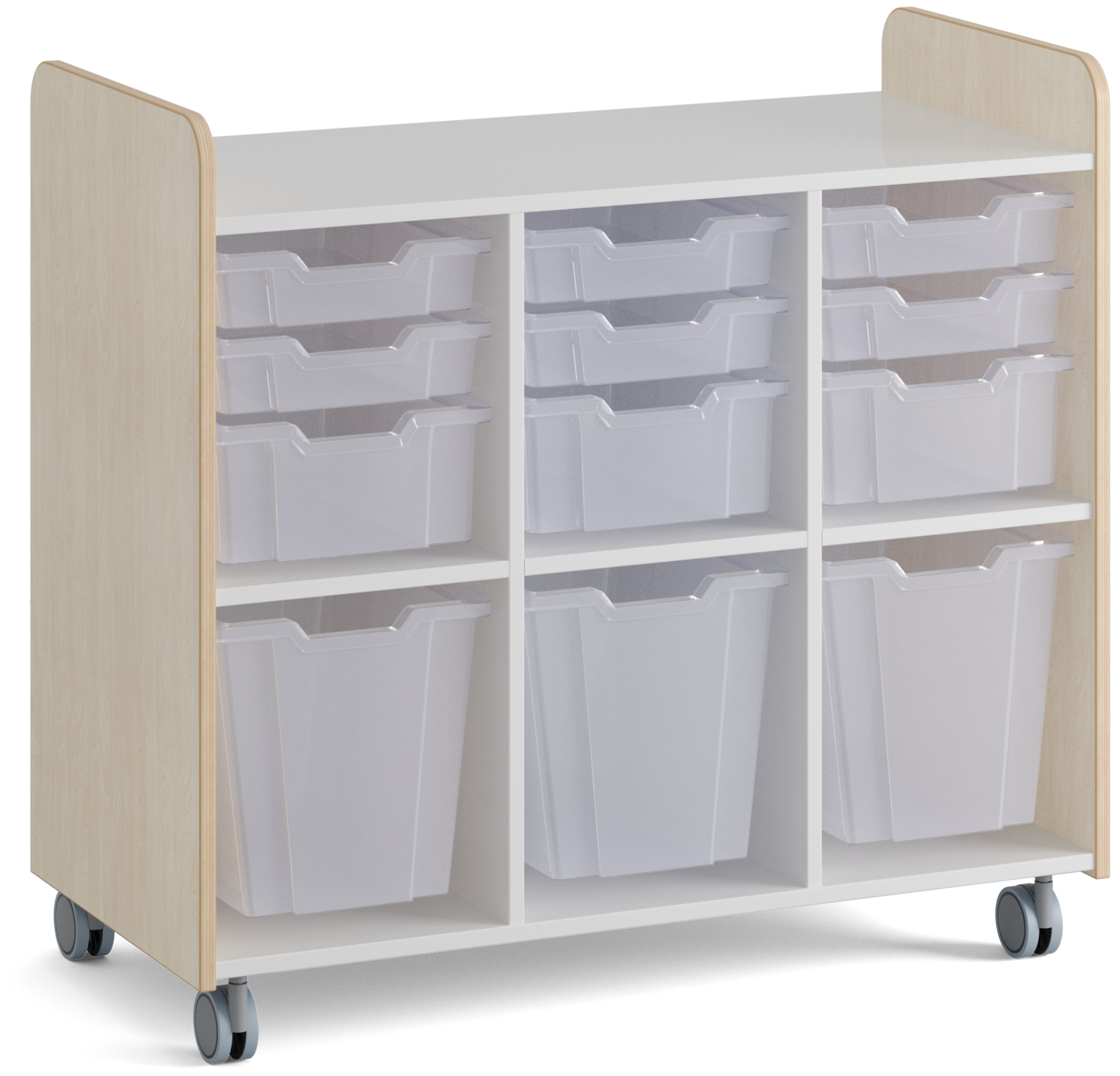 Niedriges Regal auf Rollen mit sechs offenen Fächern und 12 Materialboxen, Facheinteilung weiß