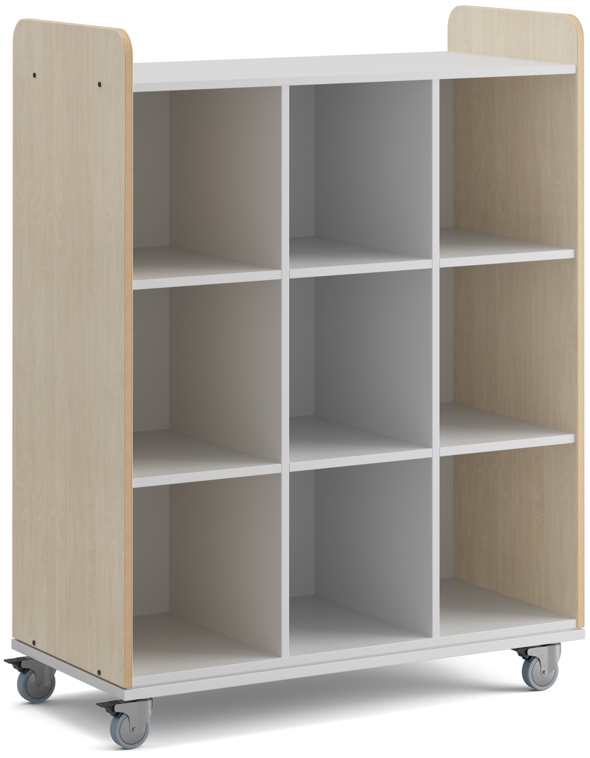 Hohes Regal auf Rollen mit neun offenen Fächern und weißer Inneneinteilung