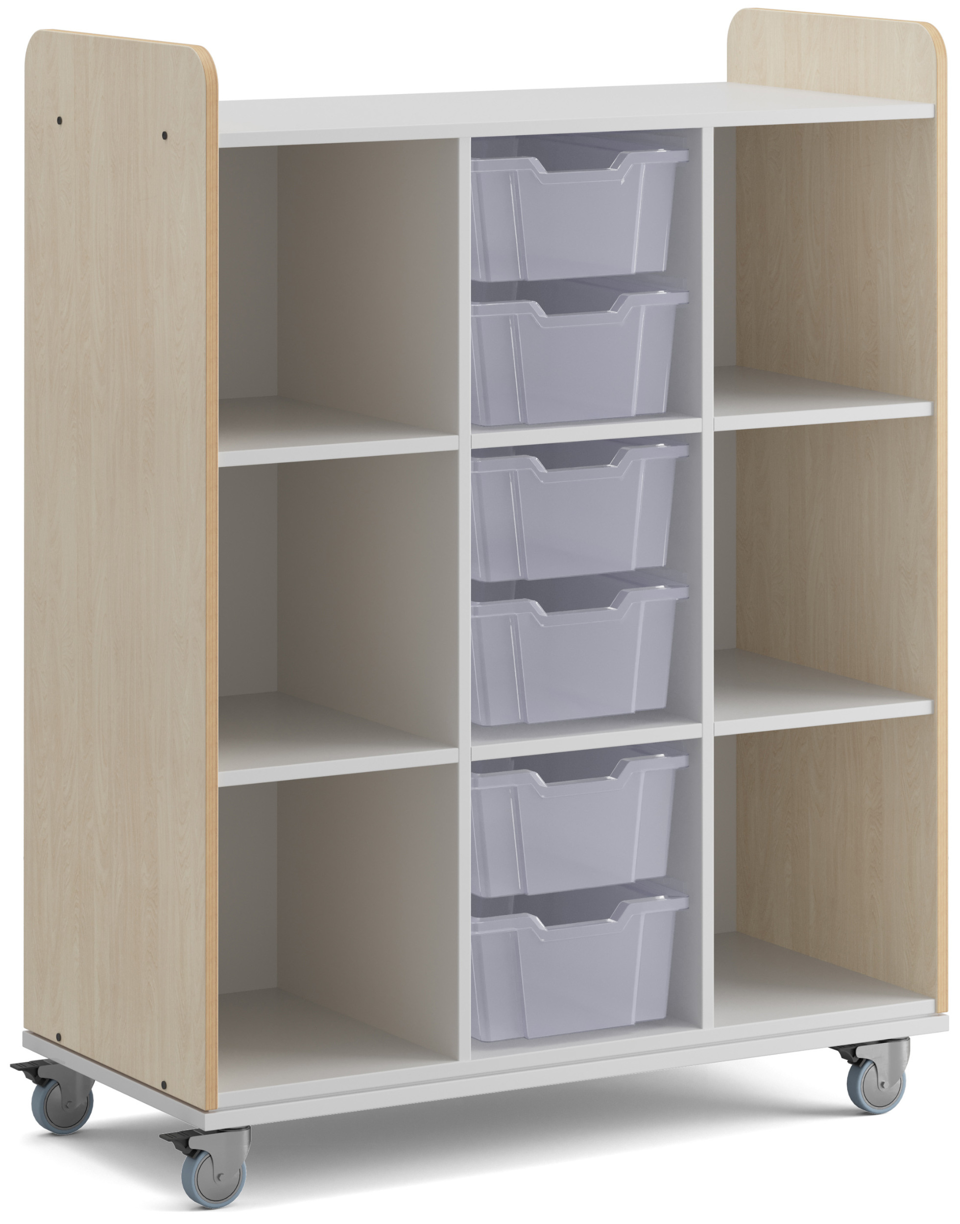 Hohes Regal auf Rollen mit sechs offenen Fächern und sechs Materialboxen in der Mitte, Facheinteilung weiß