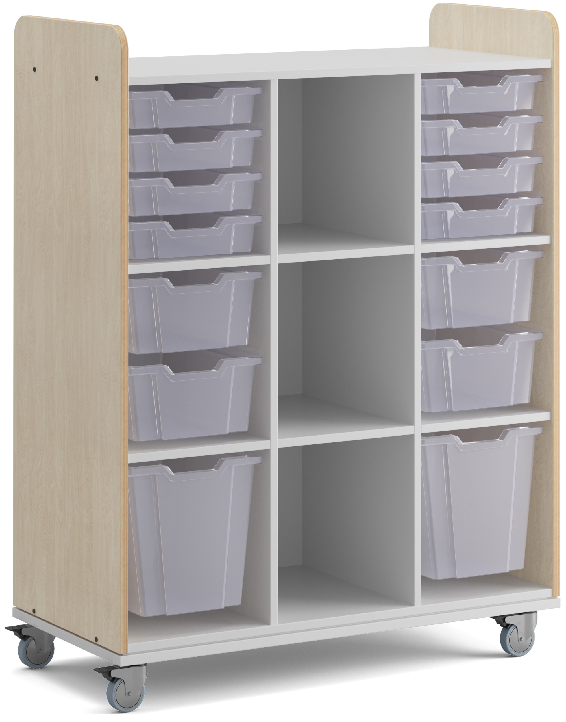 Hohes Holzregal auf Rollen mit neun offenen Fächern und 14 Materialboxen (links und rechts), Facheinteilung weiß