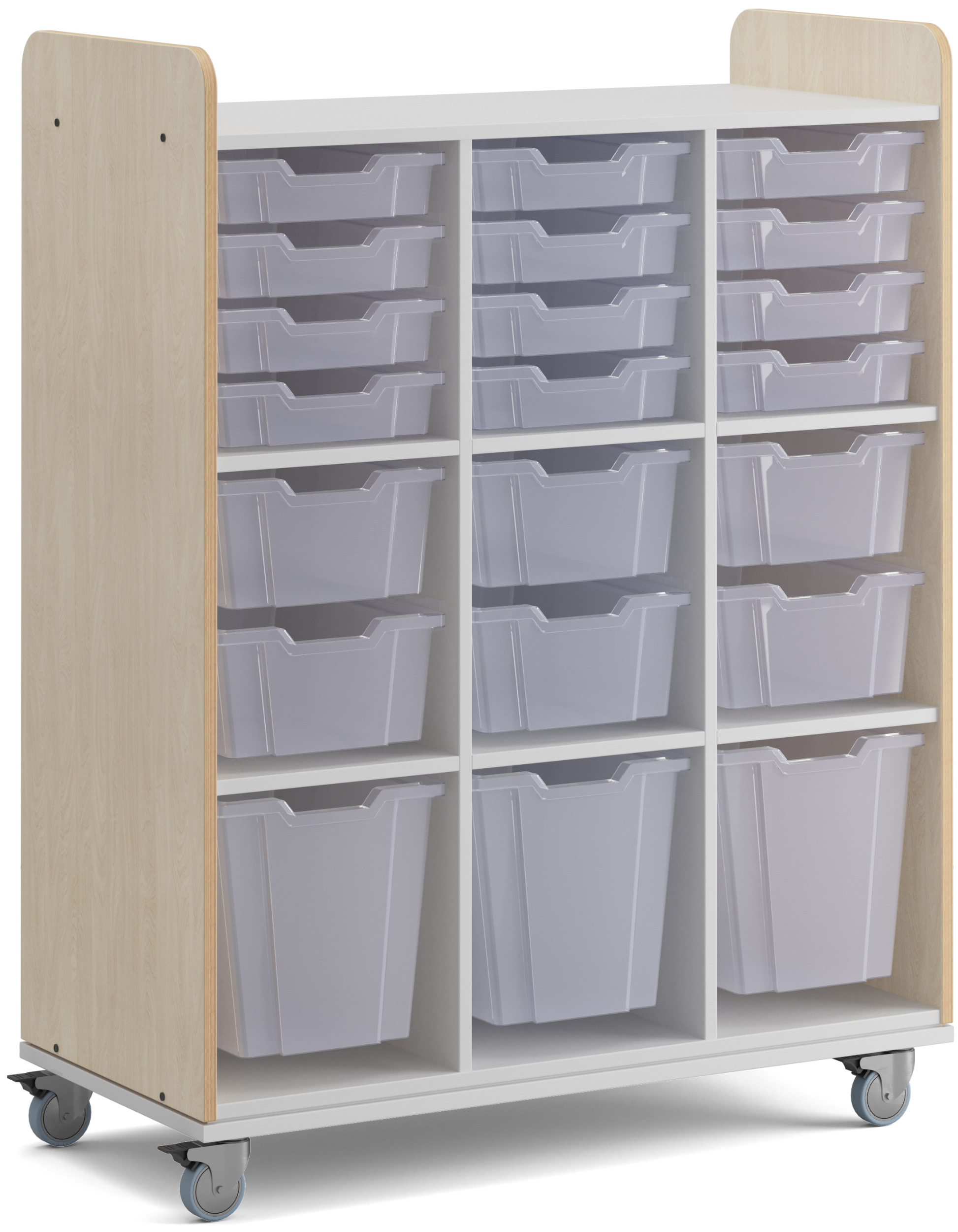 Hohes Regal auf Rollen mit neun Fächern und 21 Materialboxen, Facheinteilung weiß