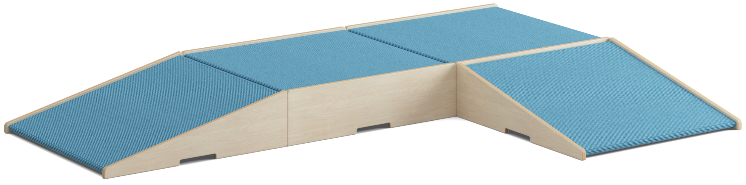 Niedrige Krabbelpodeste aus hellem Holz für Kleinkinder mit blauem Teppichbezug oben