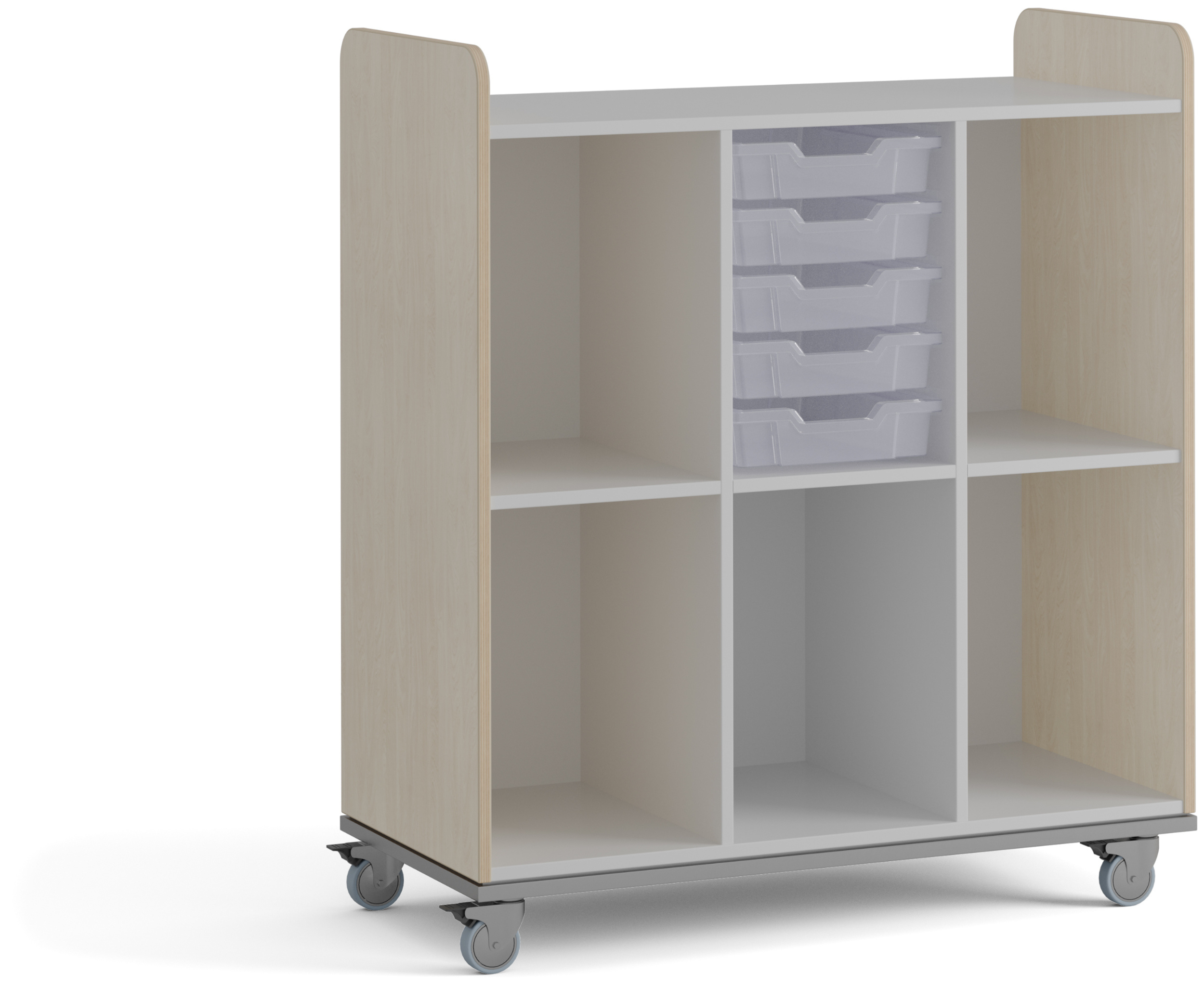 Offenes Regal auf Rollen mit sechs Fächern, 5 niedrigen Plastikschubladen und weißer Inneneinteilung