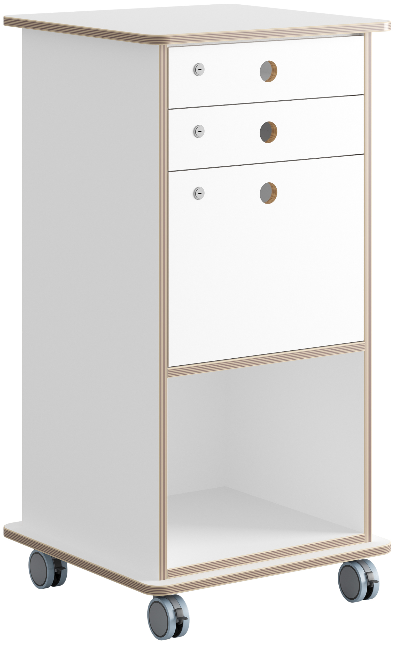 Weißes Stehpult auf Rollen mit einem offene Fach unten, darüber drei Schuladen, naturholzfarbige Kanten