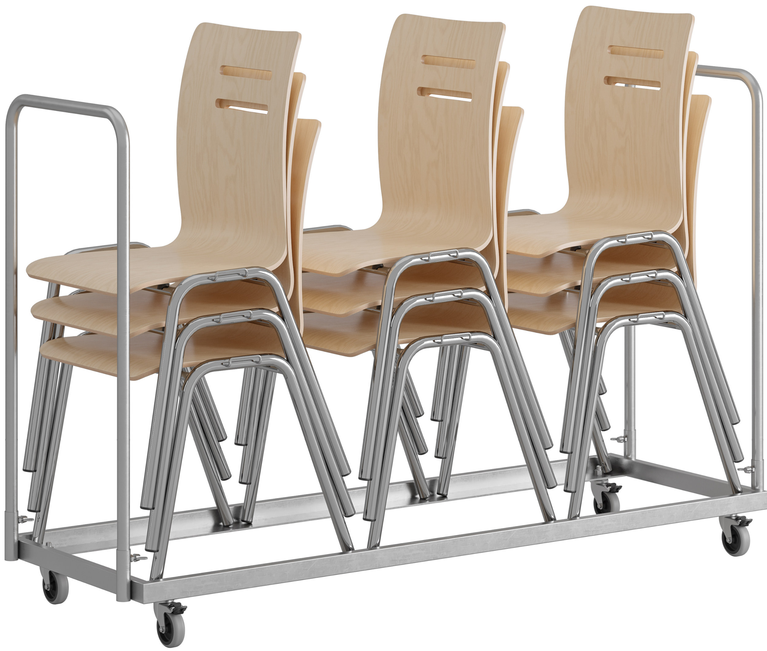 Rechteckiger, großer Stuhltransportwagen aus Stahlgestell mit vier Rollen und zwei Lenkbügeln vorne und hinten, geeignet für drei Stuhlstapel hintereinander