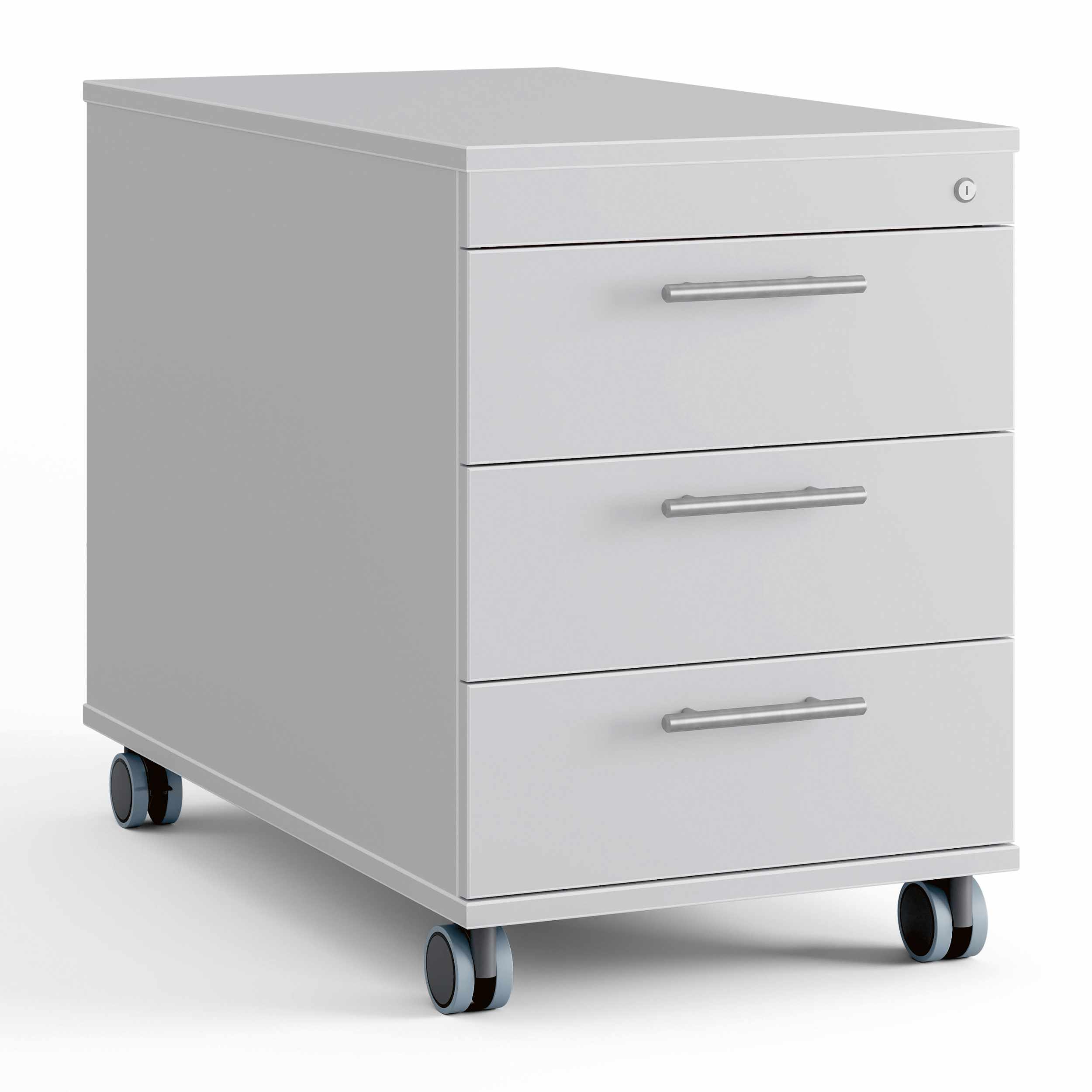 Hellgrauer Rollcontainer zur Platzierung unter einem Schreibtisch mit drei Schubladen mit Griffen und schwarzen Rollen