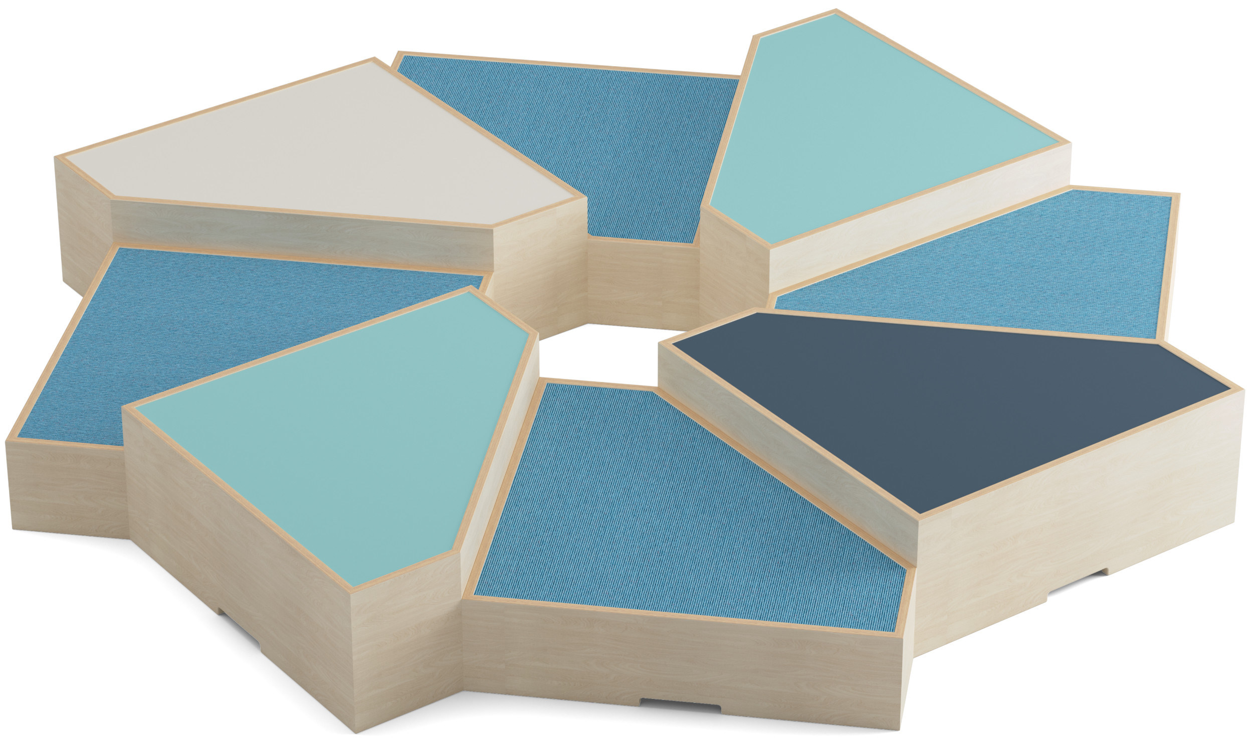 Verschieden hohe Spielpodeste für Kleinkinder in Blütenform arrangiert mit Sitzflächen in unterschiedlichen Blautönen