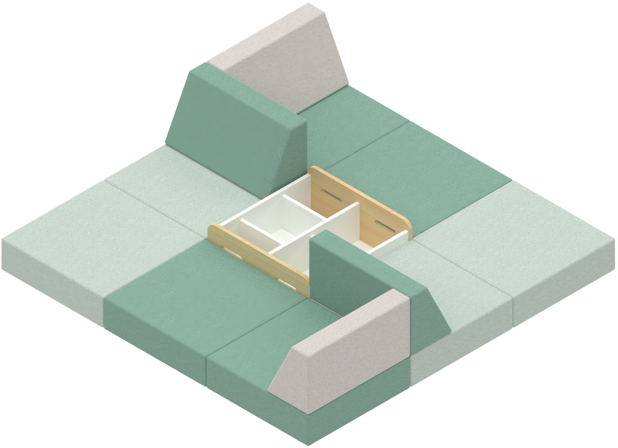 Bunte, niedrige Polsterlandschaft für Kinder aus verschiedenen Klappsofas und Bücherboxen 