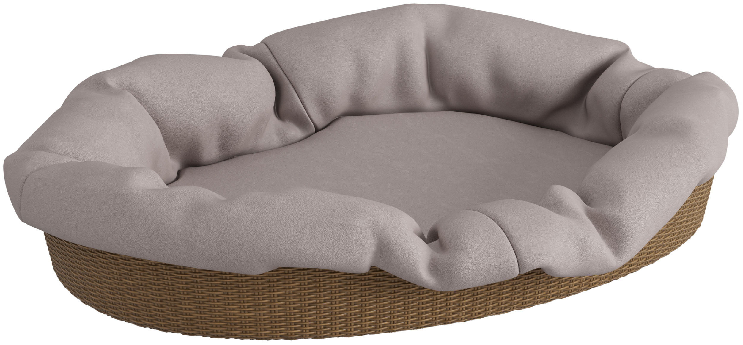 Niedriger Korb aus Rattan-/Weidengeflecht, rundherum gepolstert mit einer Auflage aus grauem Kunstleder