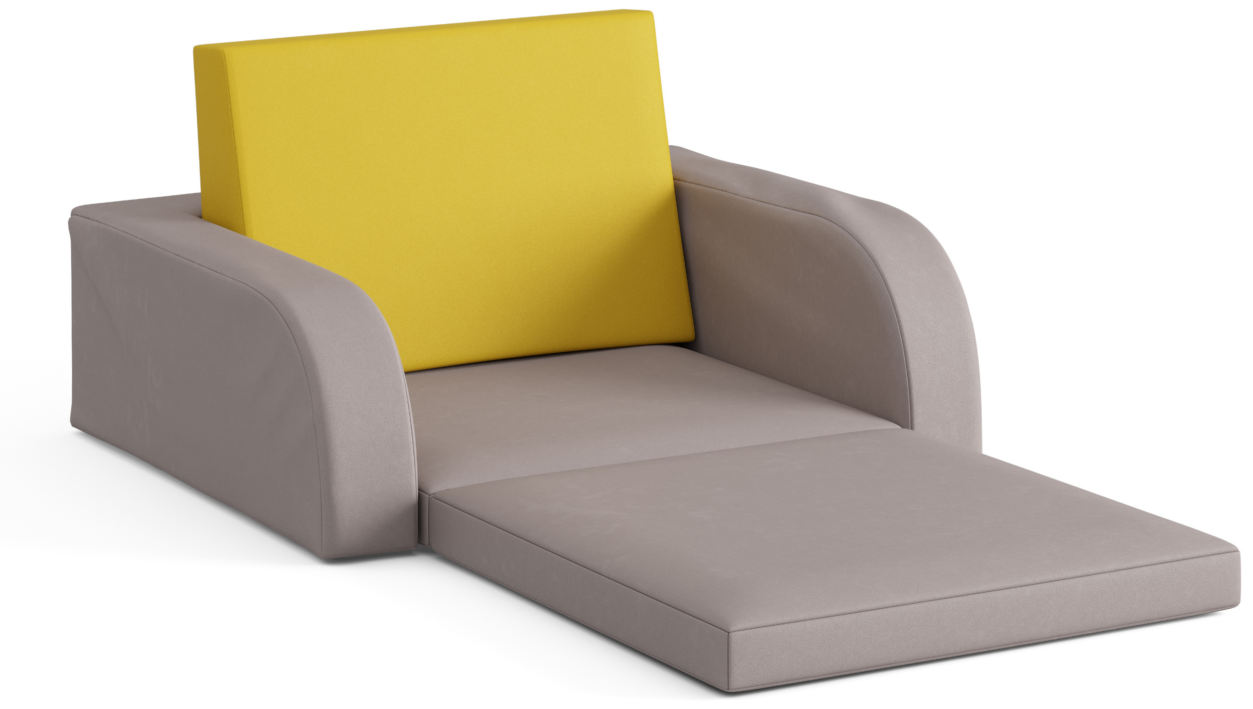 Niedriger, ausgeklappter Klappsessel für Kinder mit grauem Kunstlederbezug und einem gelben Rückenpolster in Keilform