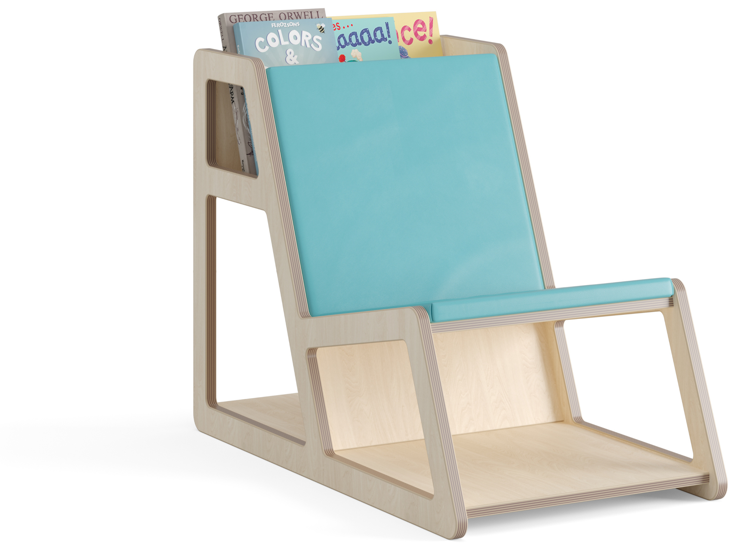 Lesestuhl aus hellem Holz mit blauem Sitz- und Rückenpolster und mit mehreren Fächern oben und unten zur Aufbewahrung von Bilderbüchern