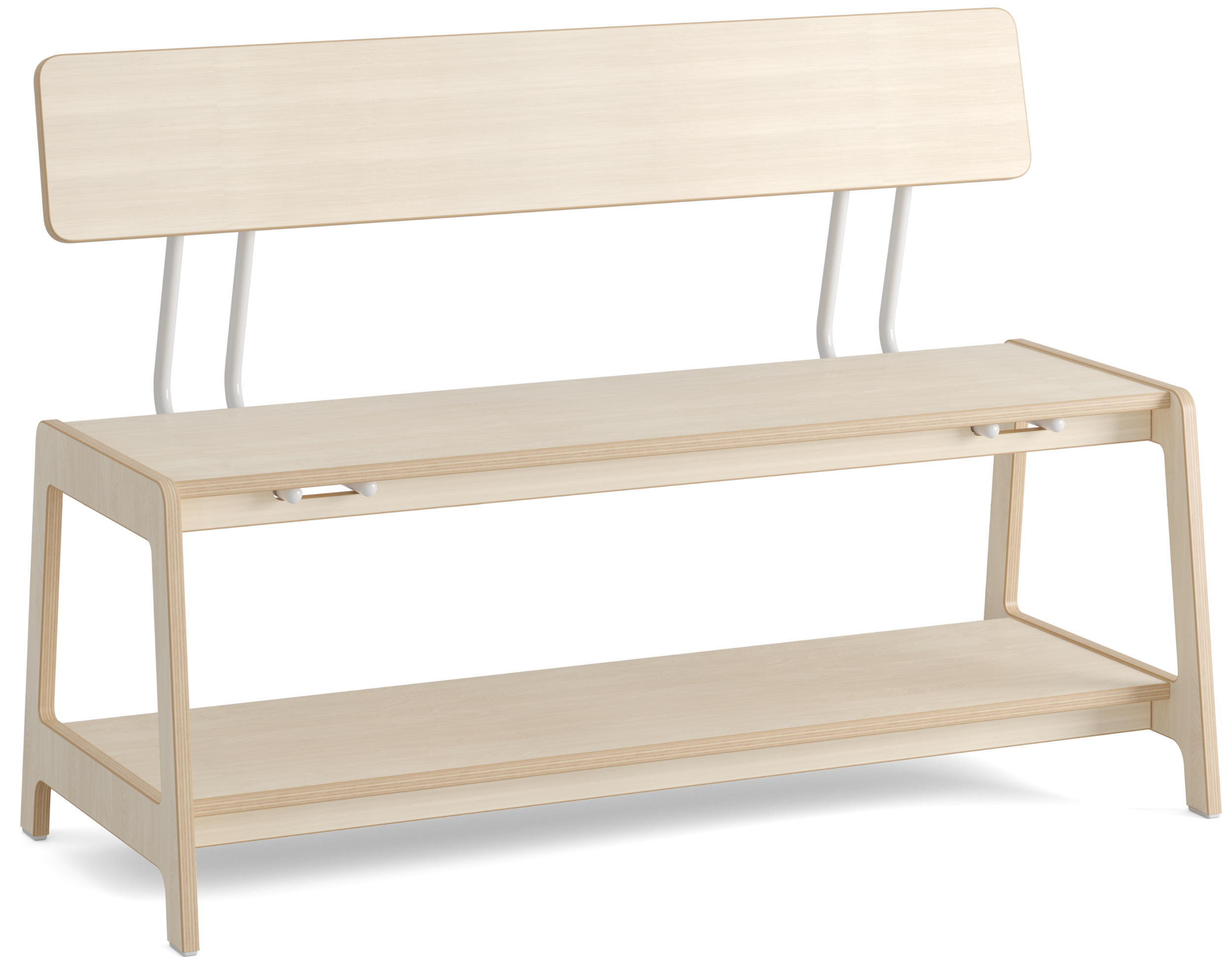 Holzbank aus Birke mit Rückenlehne und zusätzlichem Ablagefach für Schuhe o.ä.